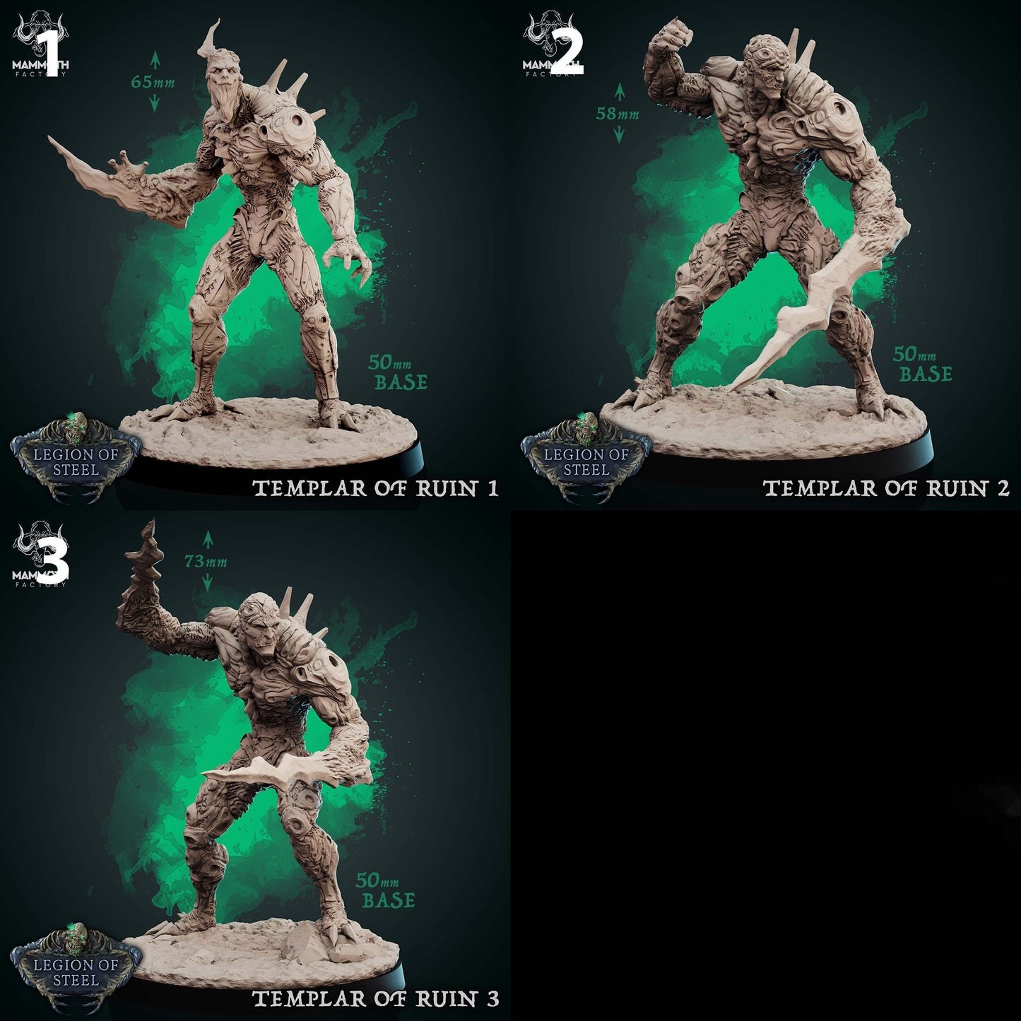 a set of three pictures of a statue of a creature