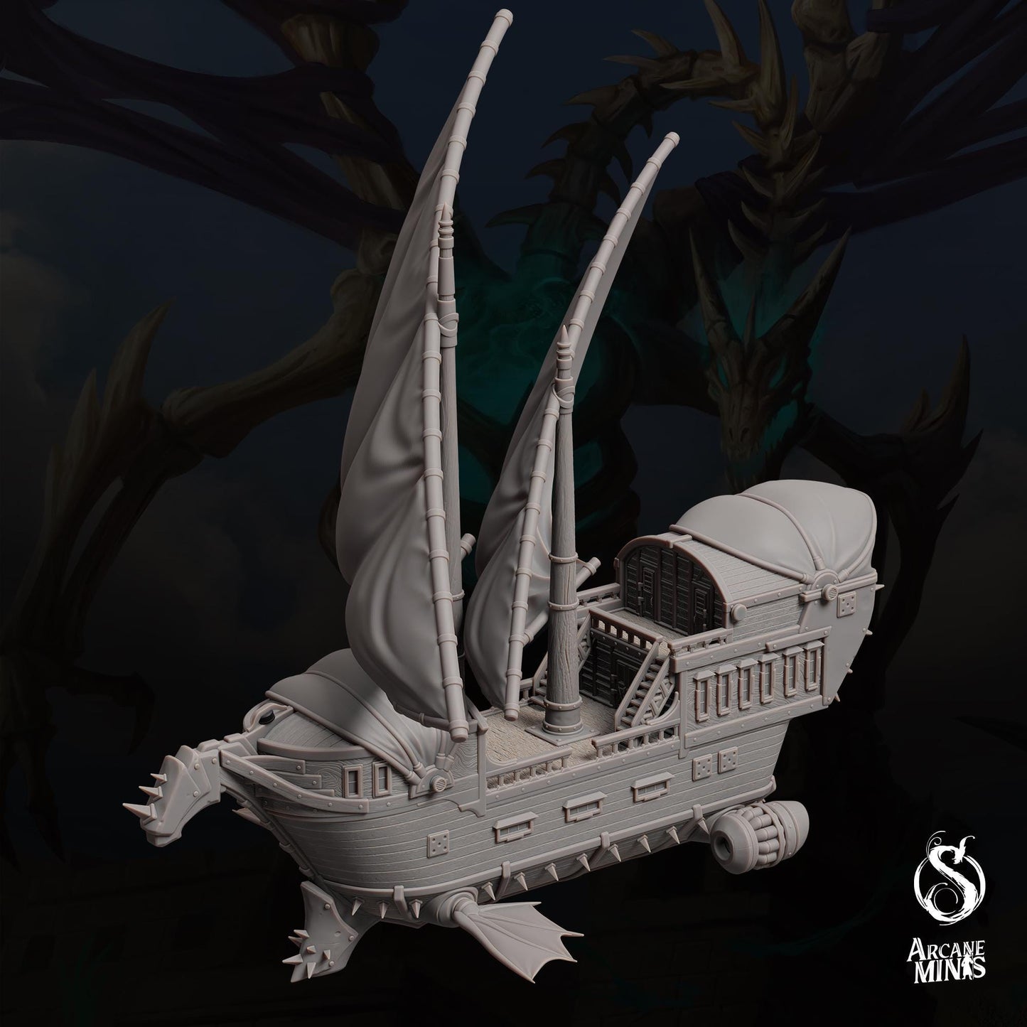 a model of a ship with a dragon on it