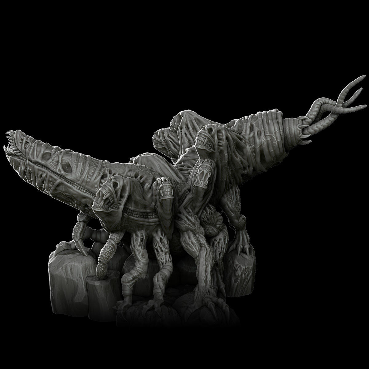 a couple of statues of animals on a black background