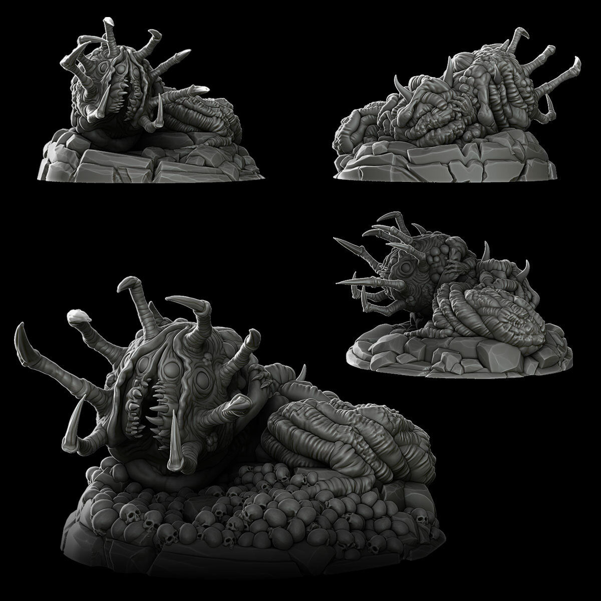 a set of three black and white images of a creature
