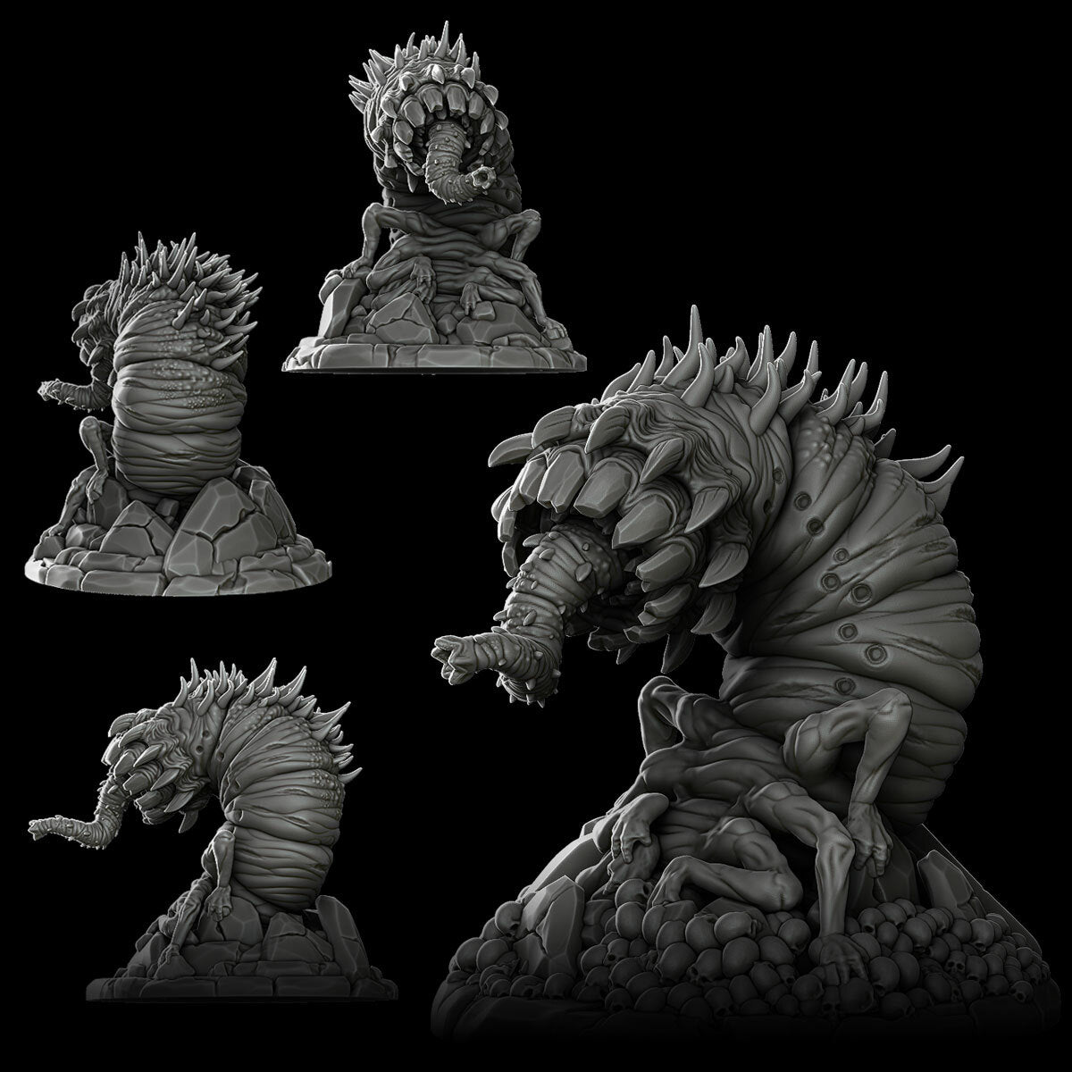 a set of three black and white sculptures of a dragon