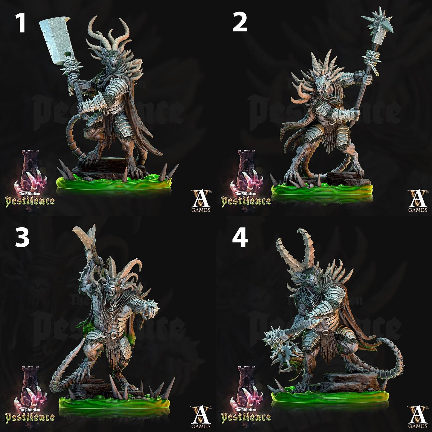 a set of four pictures of a statue of a demon