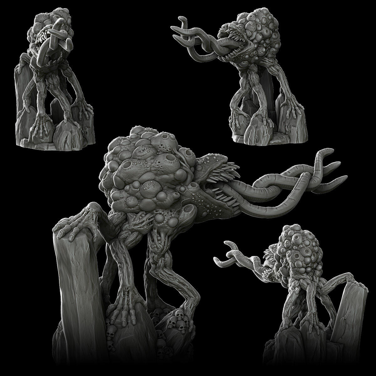 a bunch of strange looking sculptures on a black background