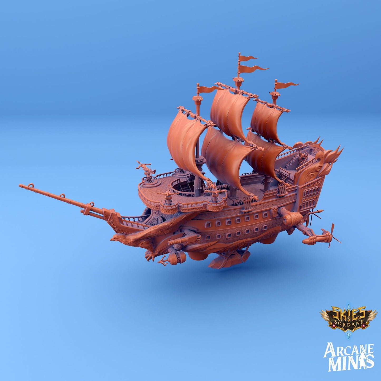 a wooden model of a pirate ship on a blue background