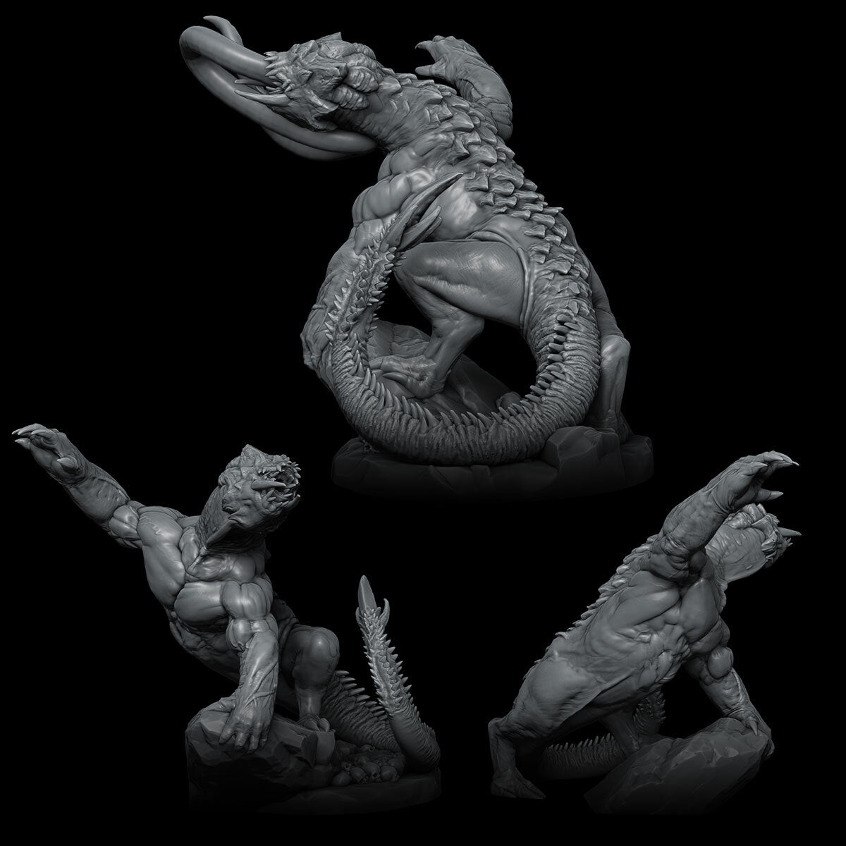three statues of a man and a dragon