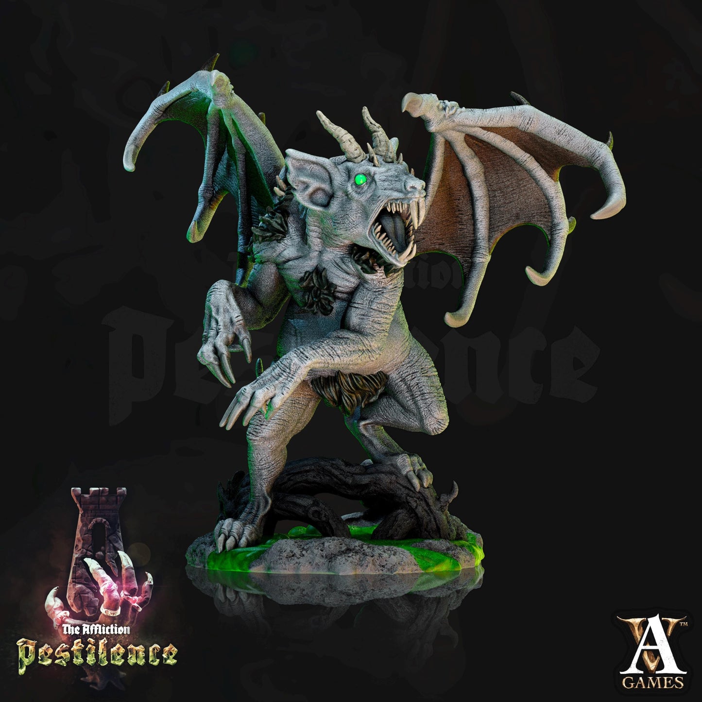 a statue of a dragon with green eyes