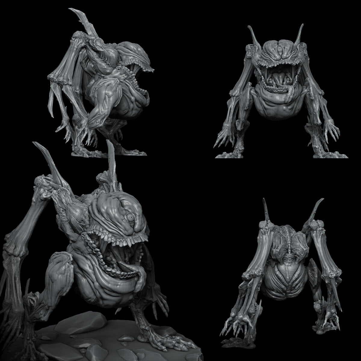 three different views of a creature with horns