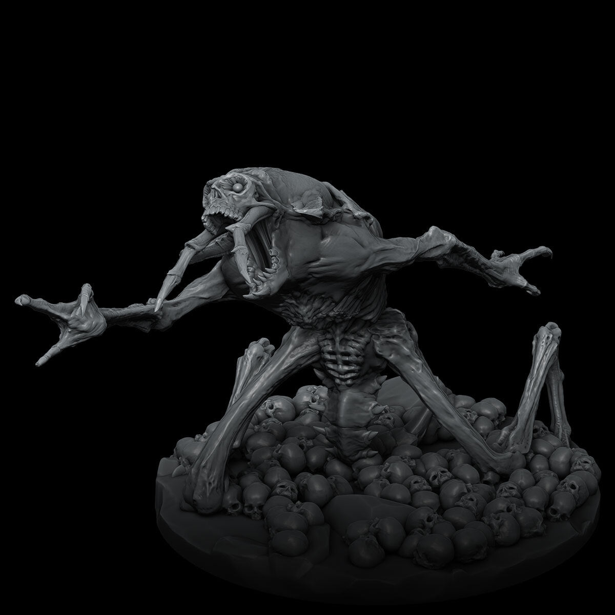 a statue of an alien sitting on top of a pile of fruit
