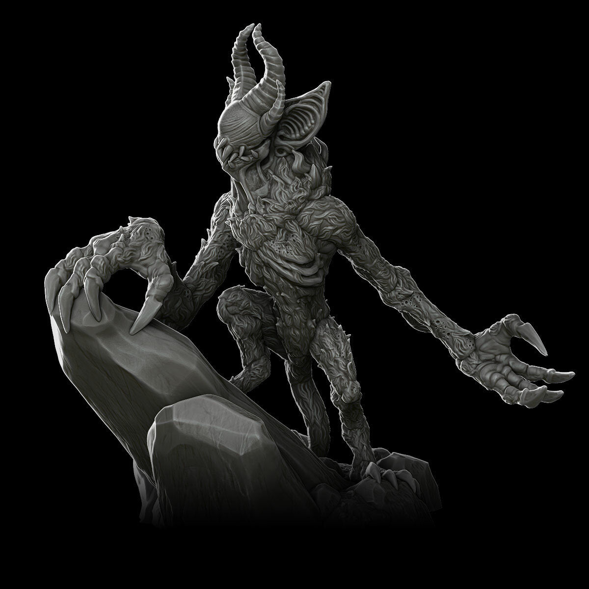 a stylized image of a demon standing on a rock