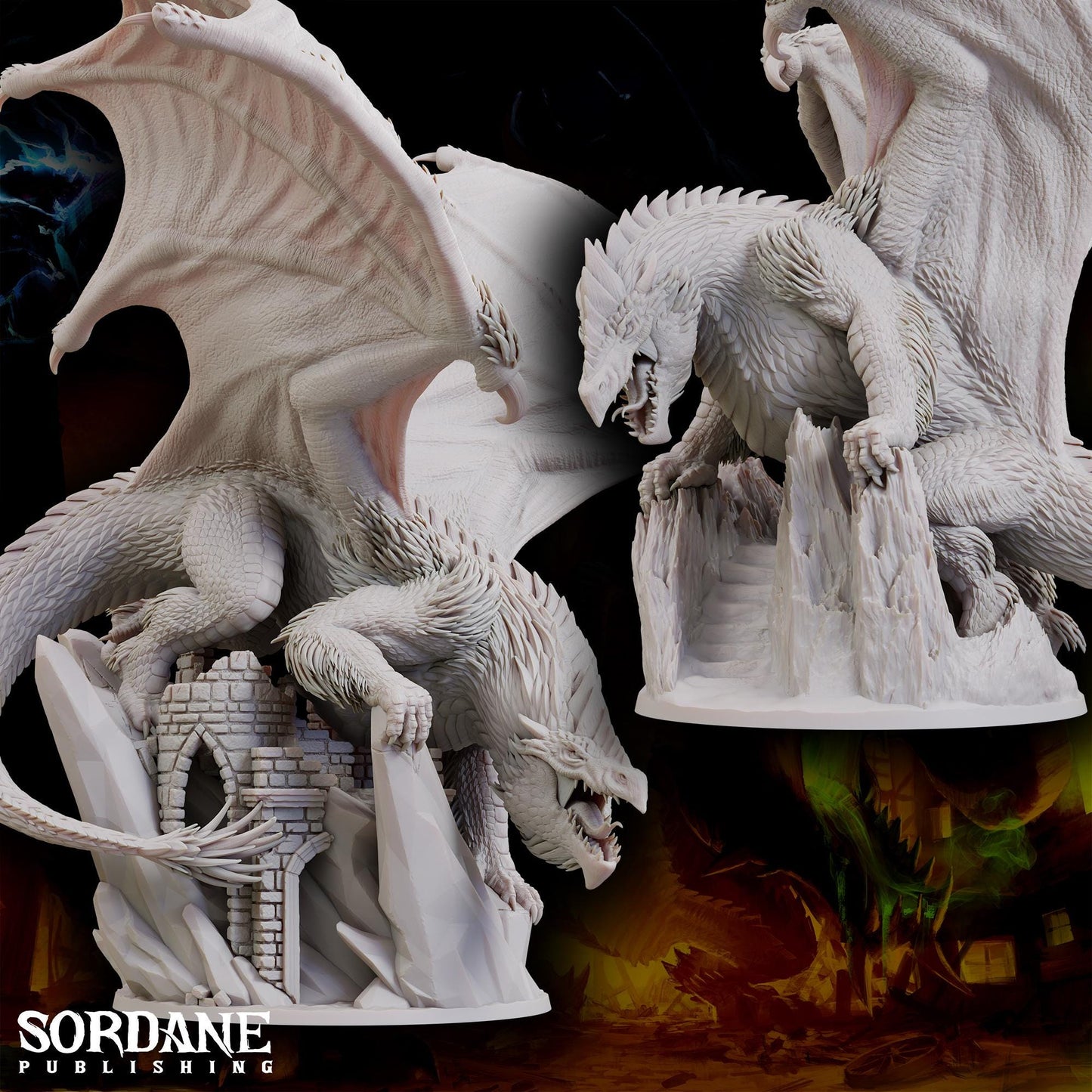 two white dragon figurines on a black background