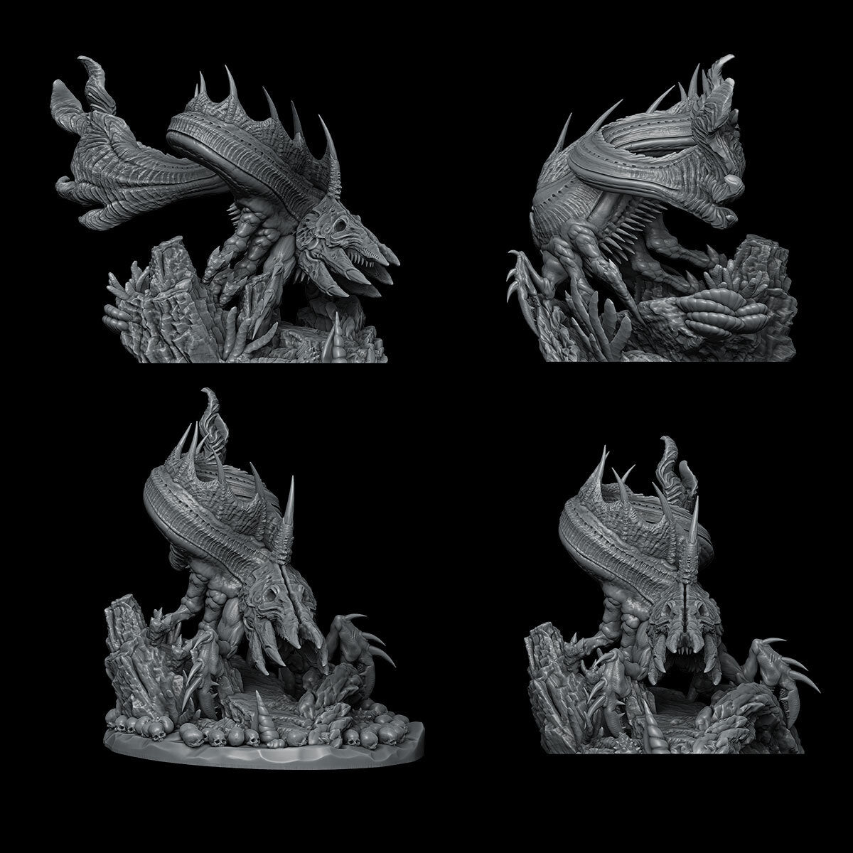 a set of four black and white images of a dragon
