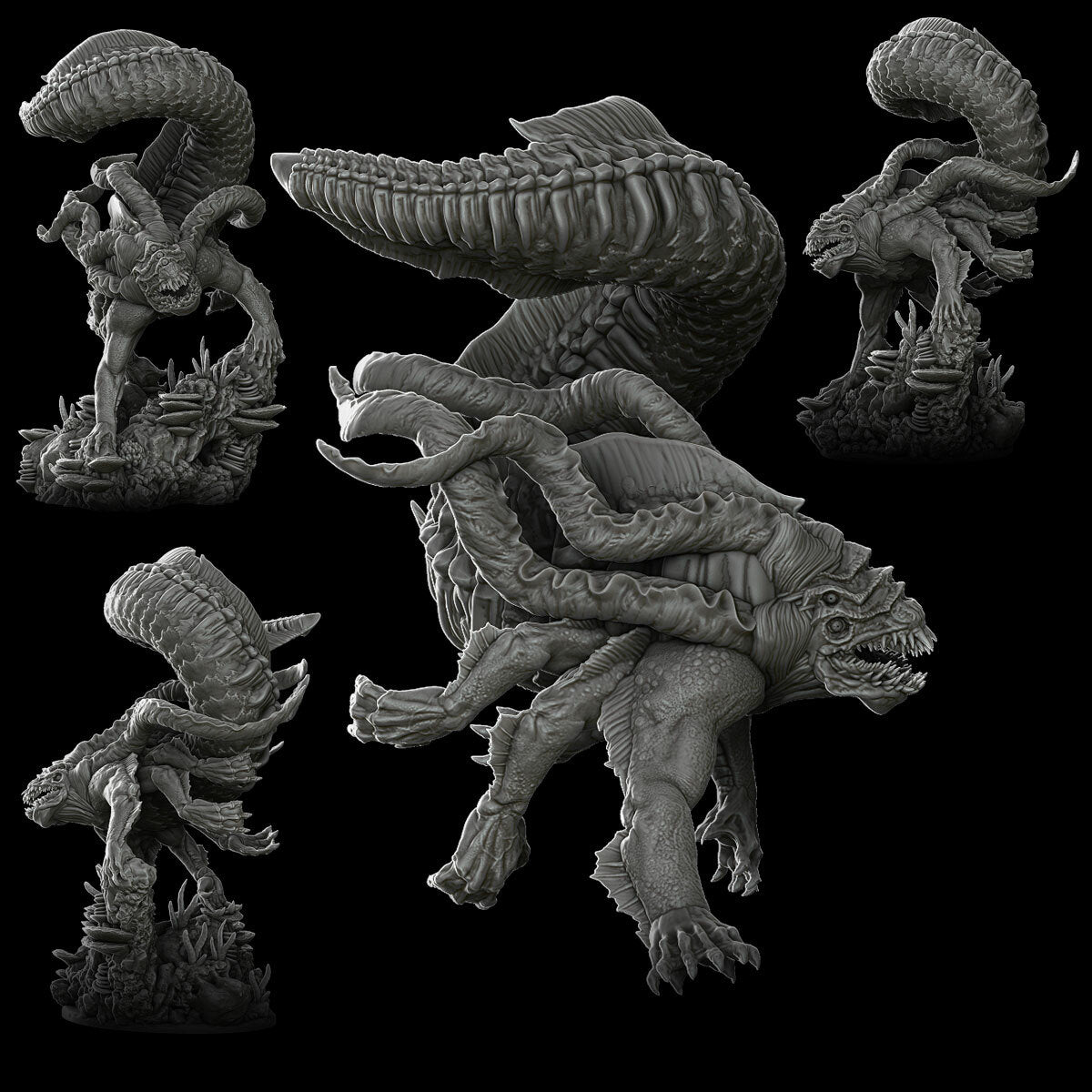 a set of three statues of a dragon and a demon