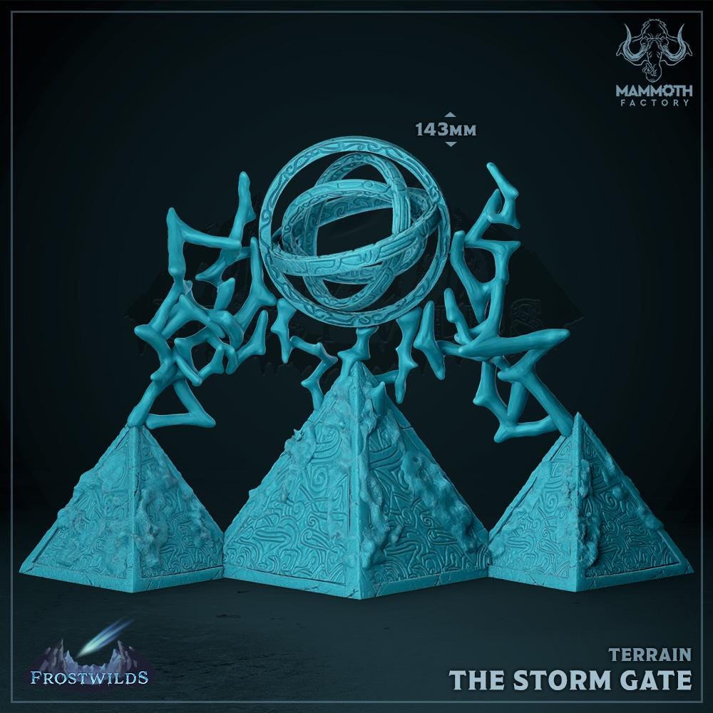 a blue sculpture of three pyramids with a circle in the middle