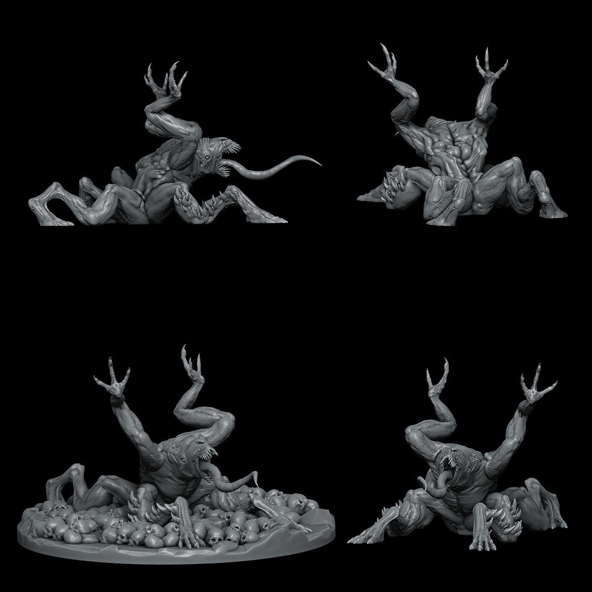 four different poses of a creature on a black background