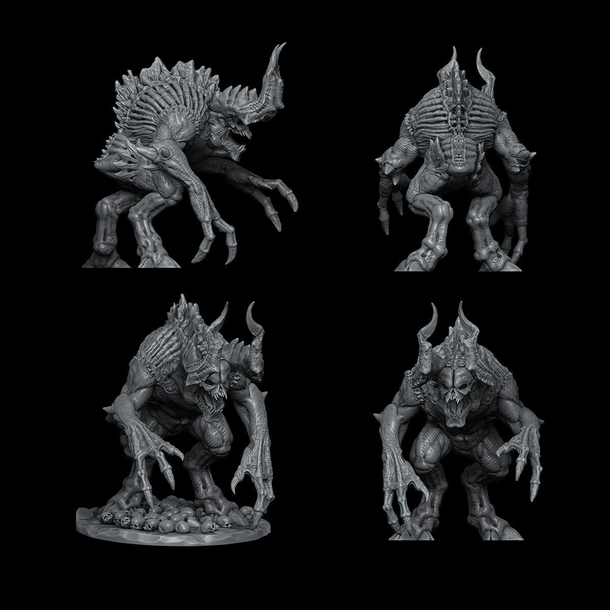 a set of four black and white images of a creature