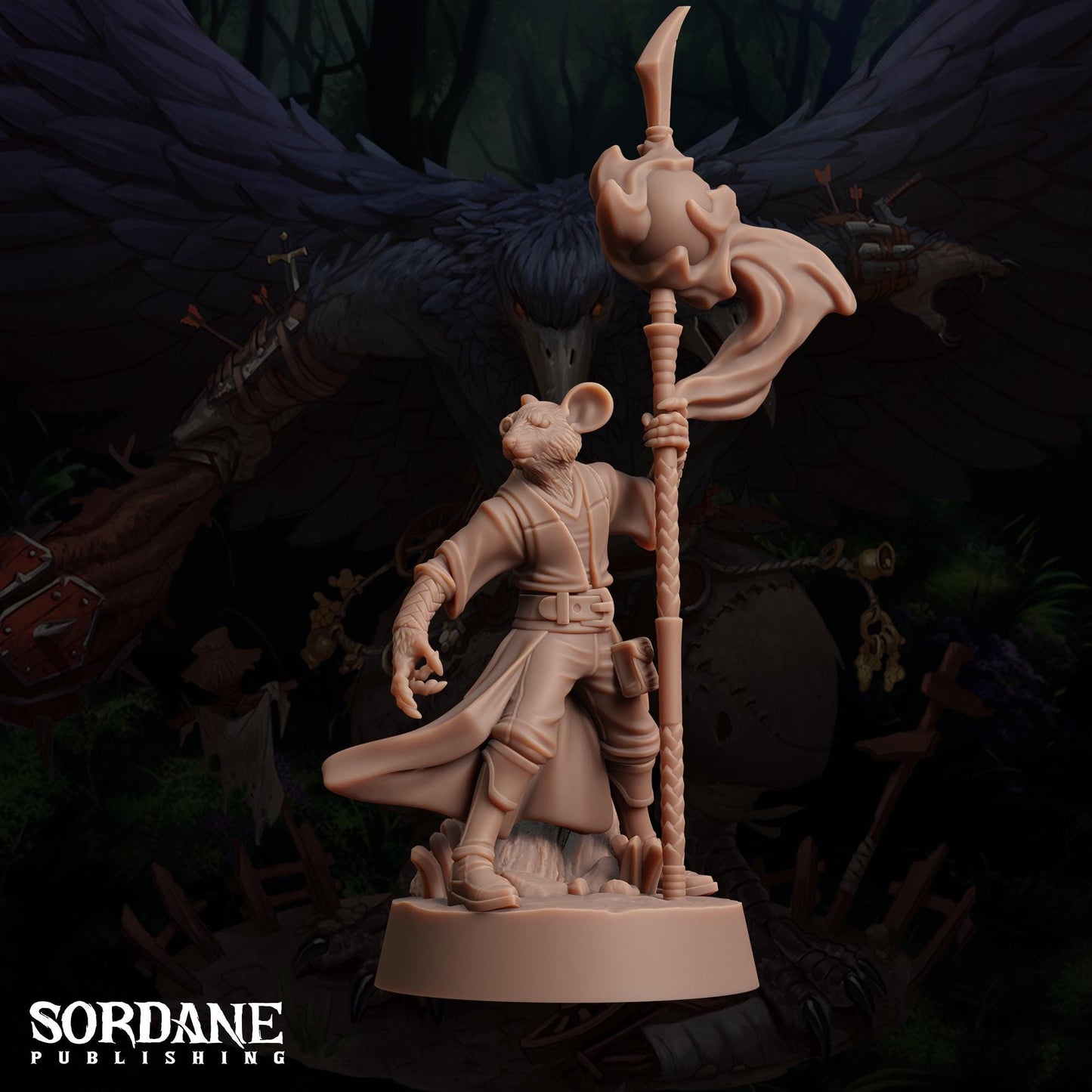 a statue of a man with a staff and a bird