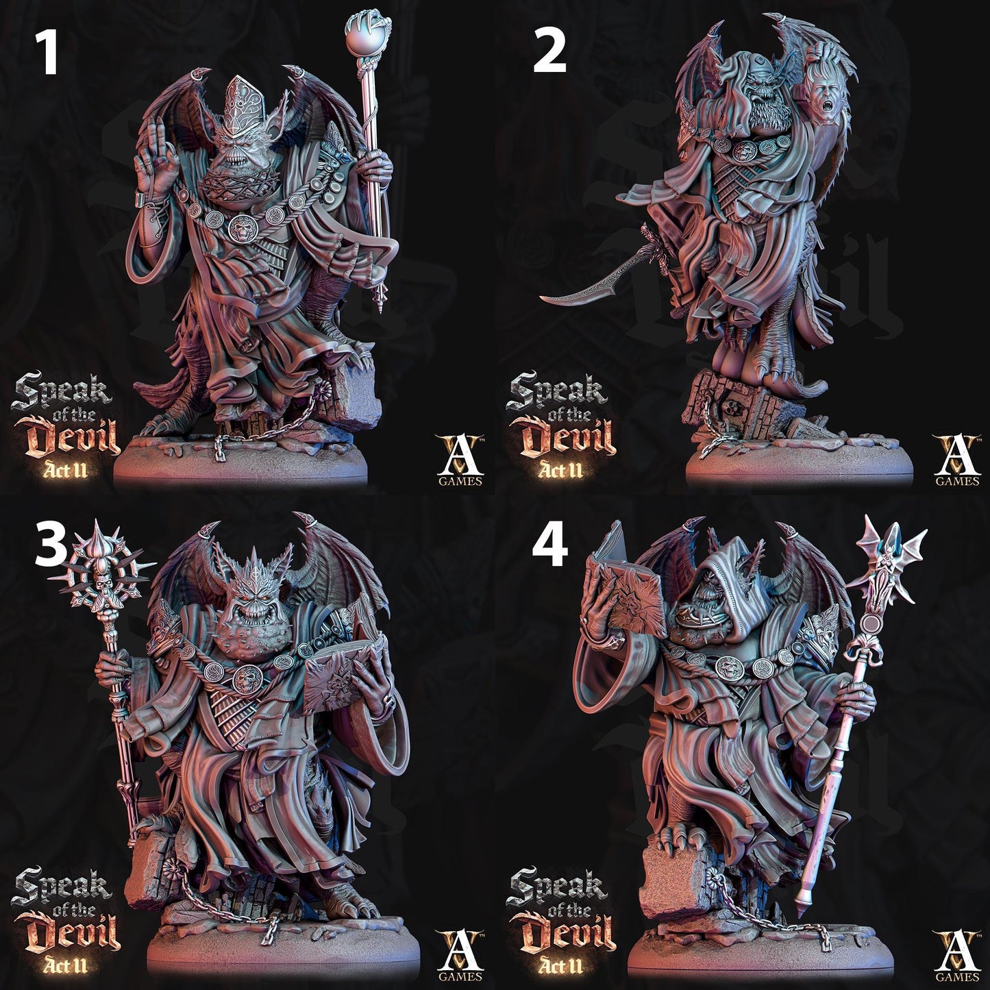 a set of four pictures of a statue of a demon