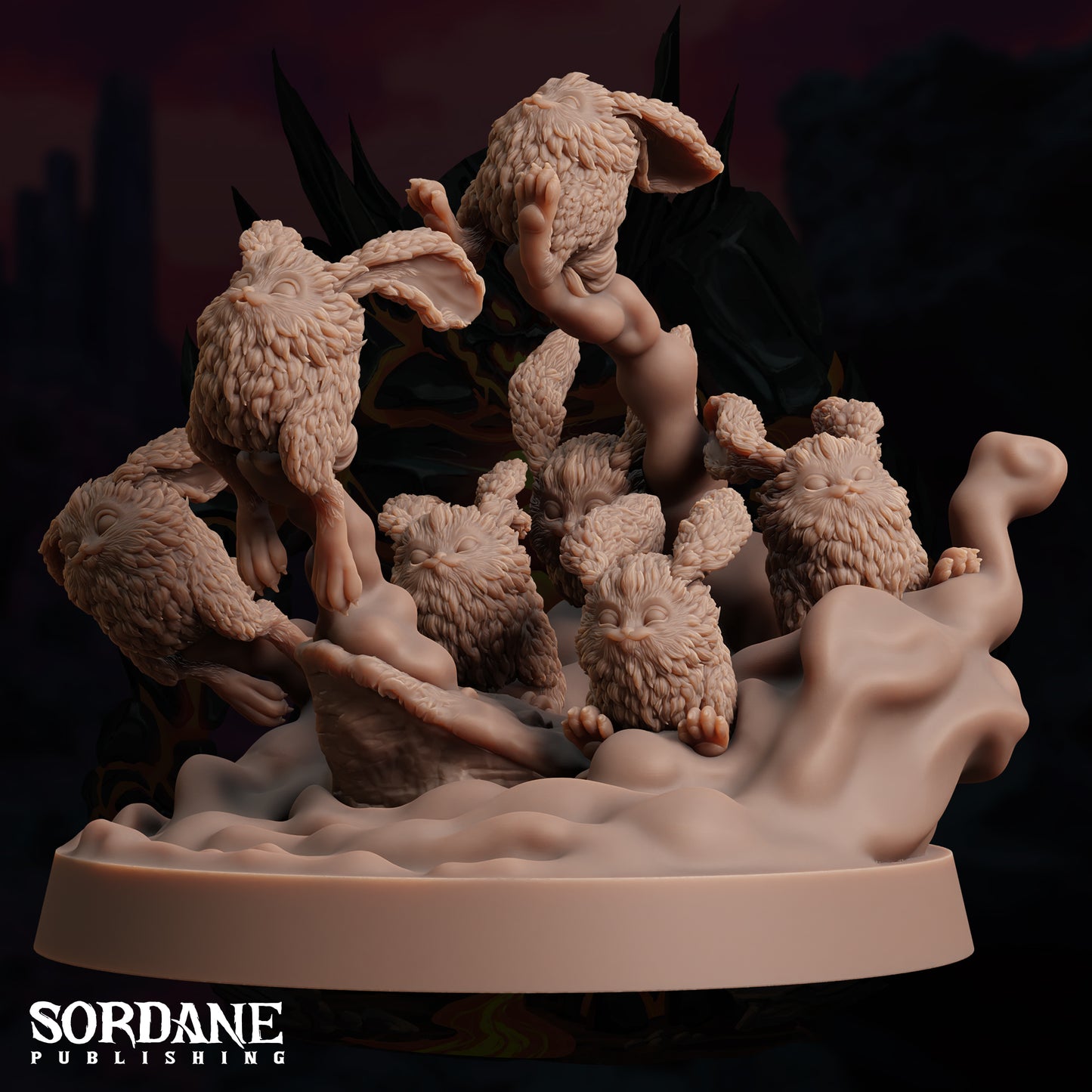 a statue of a group of sheep with a demon on top of it