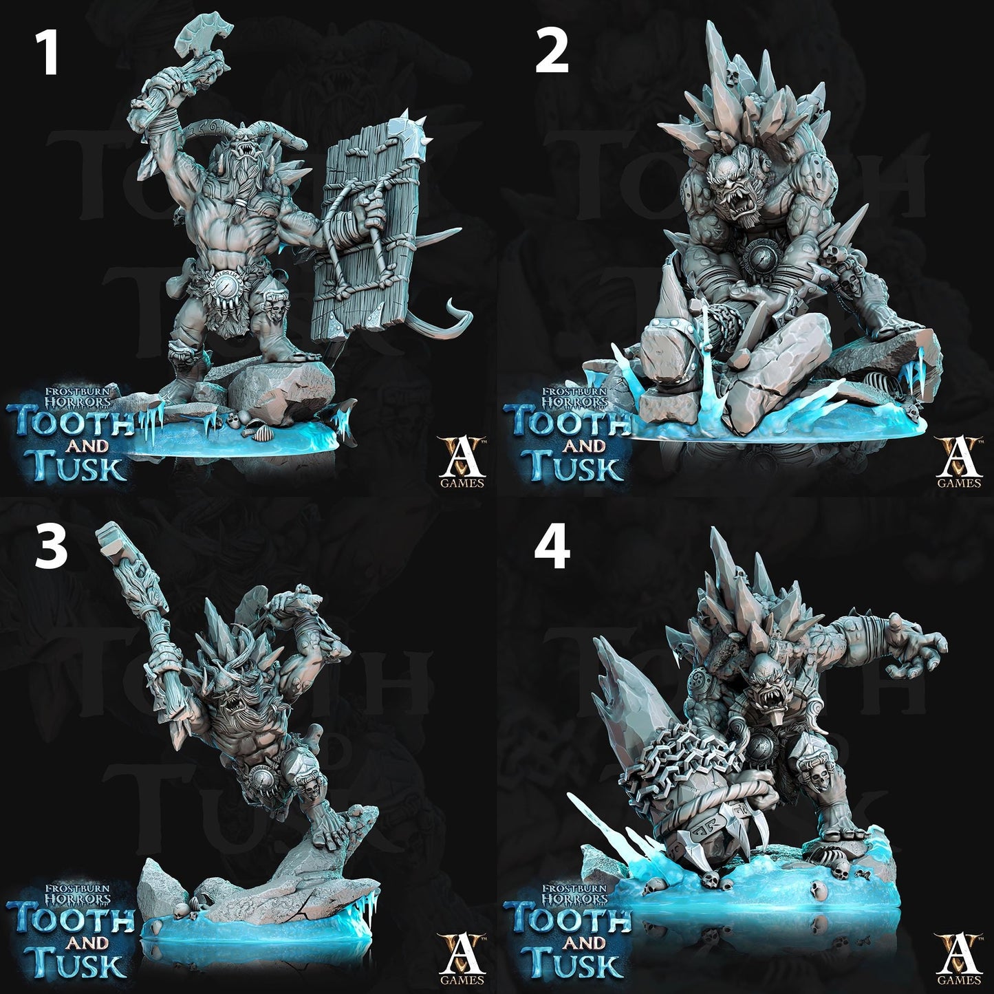 a set of four images of a troll with a sword