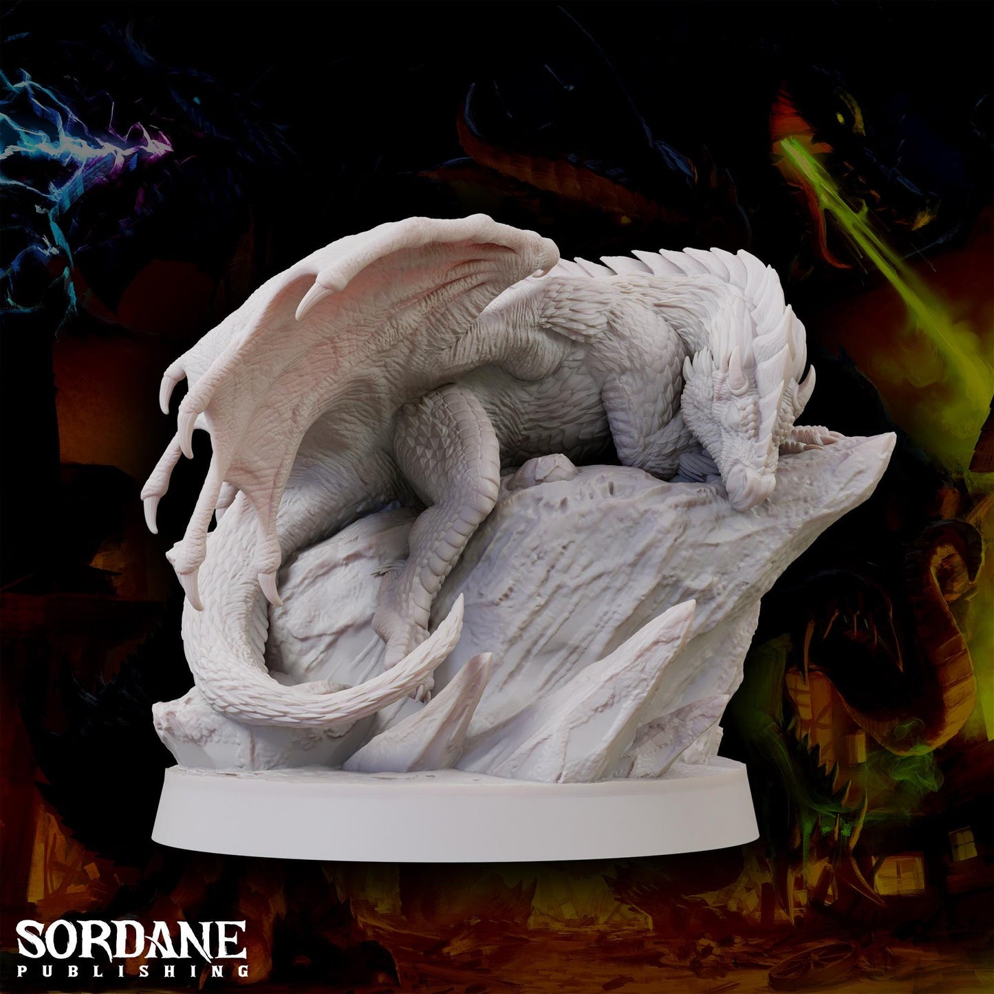 a white sculpture of a dragon on top of a rock