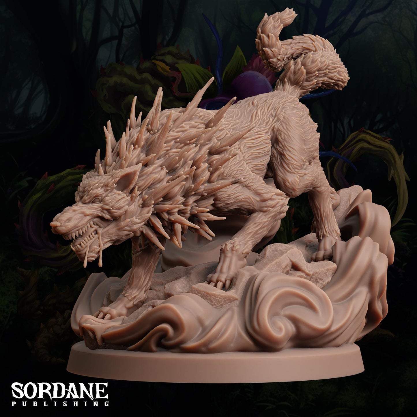 a statue of a wolf on a rock in a forest