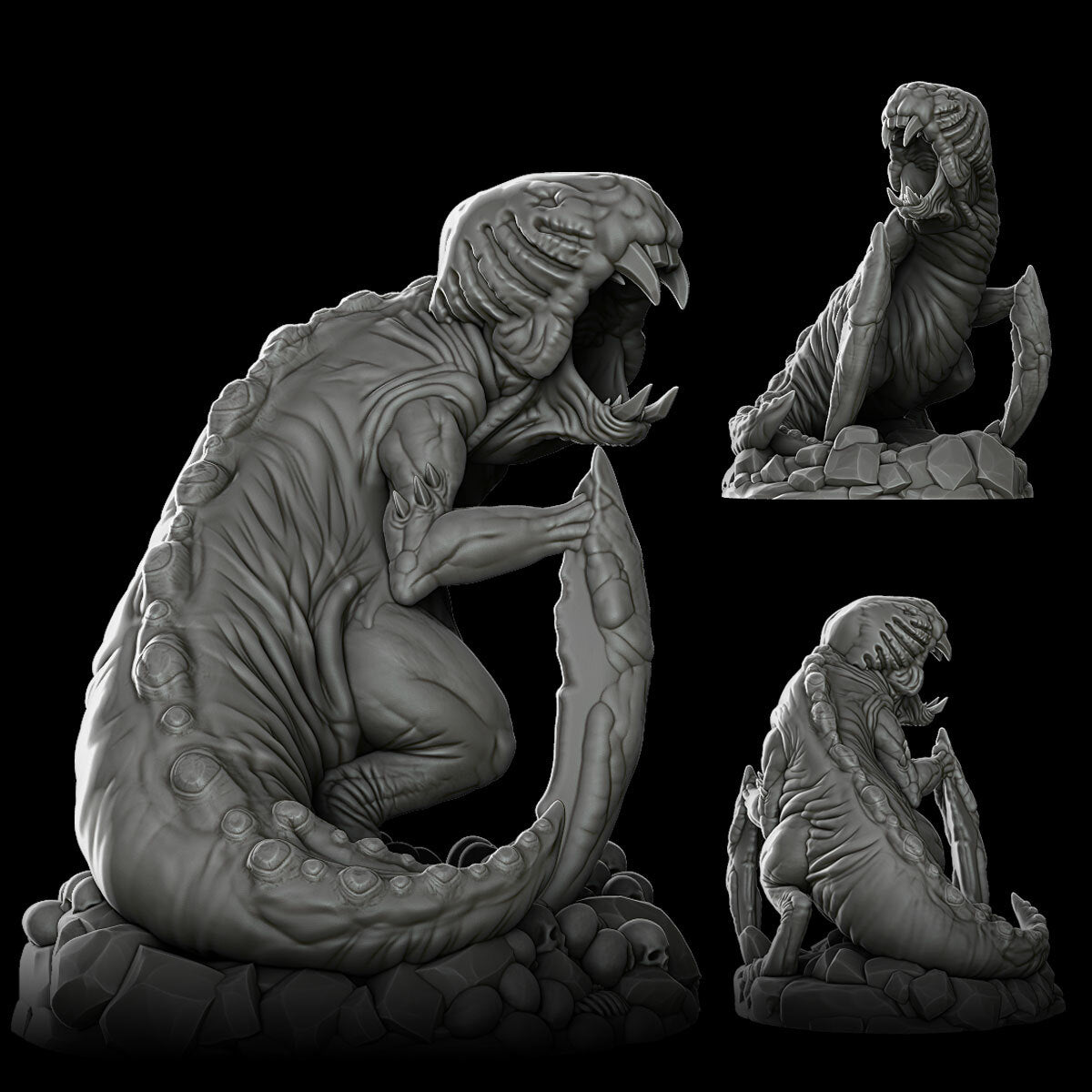 a statue of an alien sitting on a rock