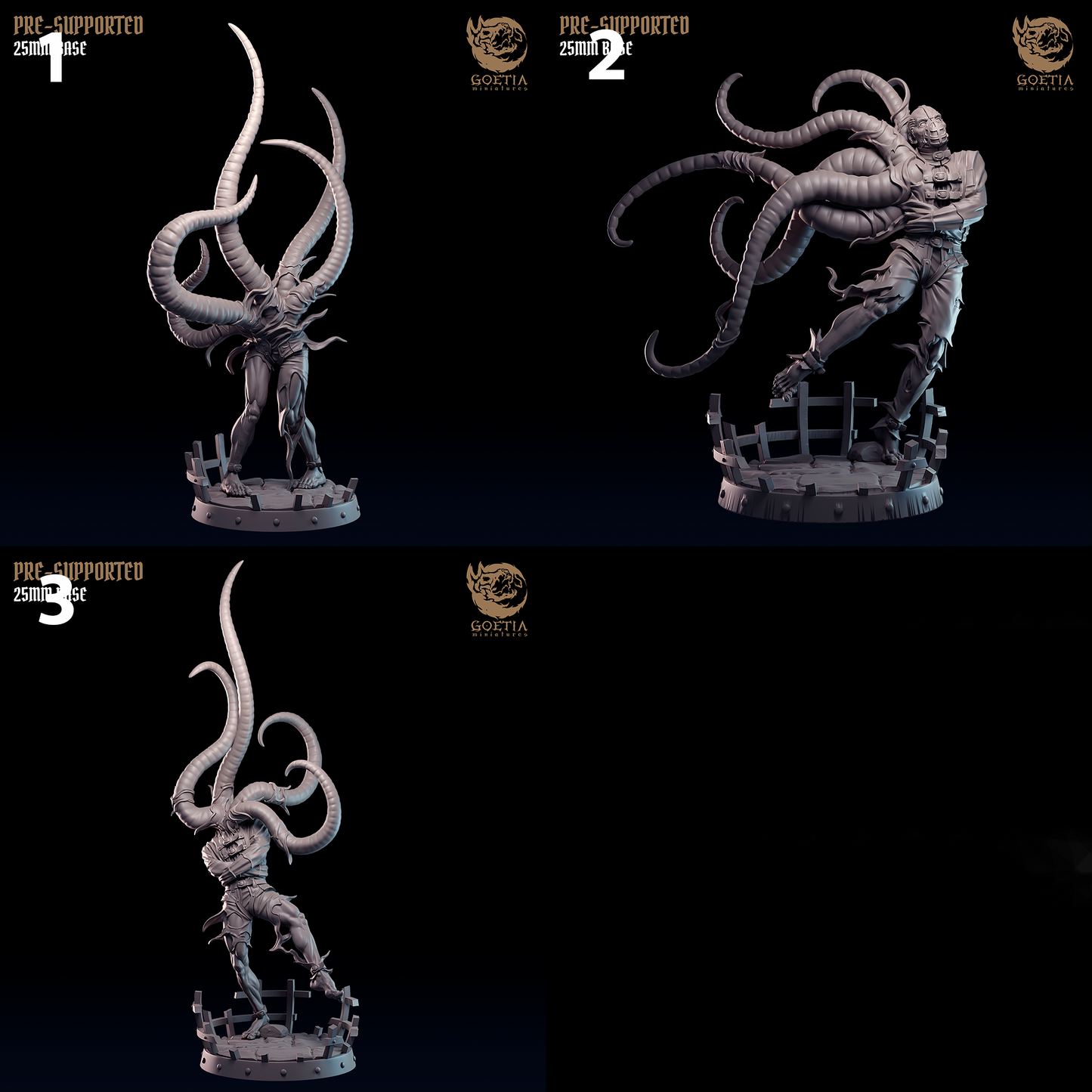 a set of three pictures of a statue of an octopus