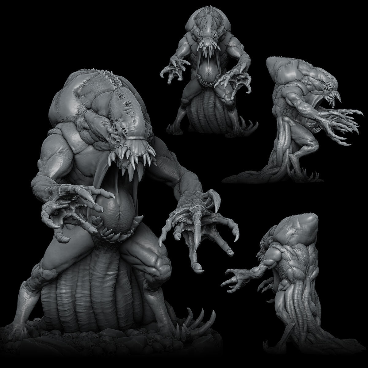 a set of three alien statues on a black background