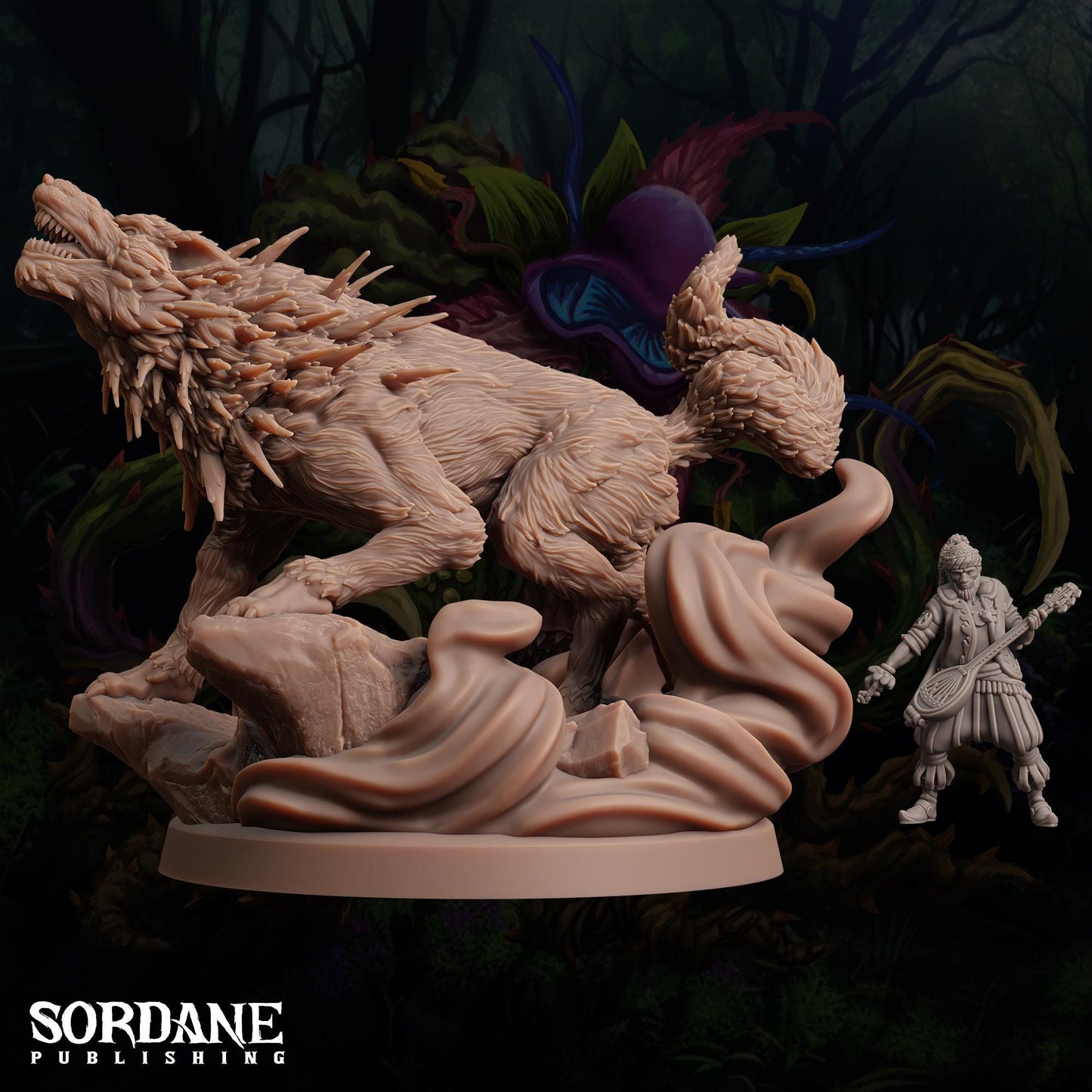 a statue of a wolf and a man in a forest