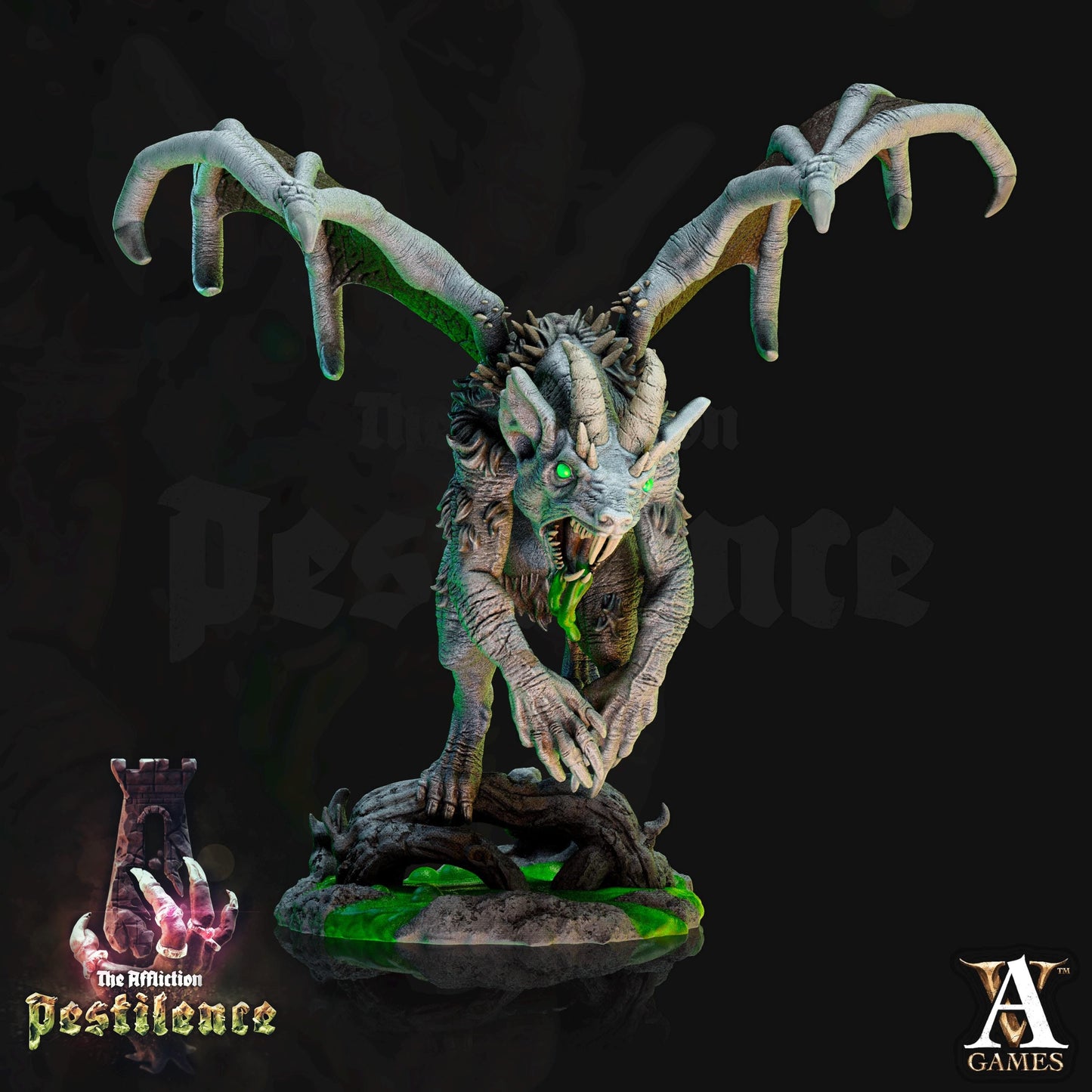 a statue of a demon with green eyes