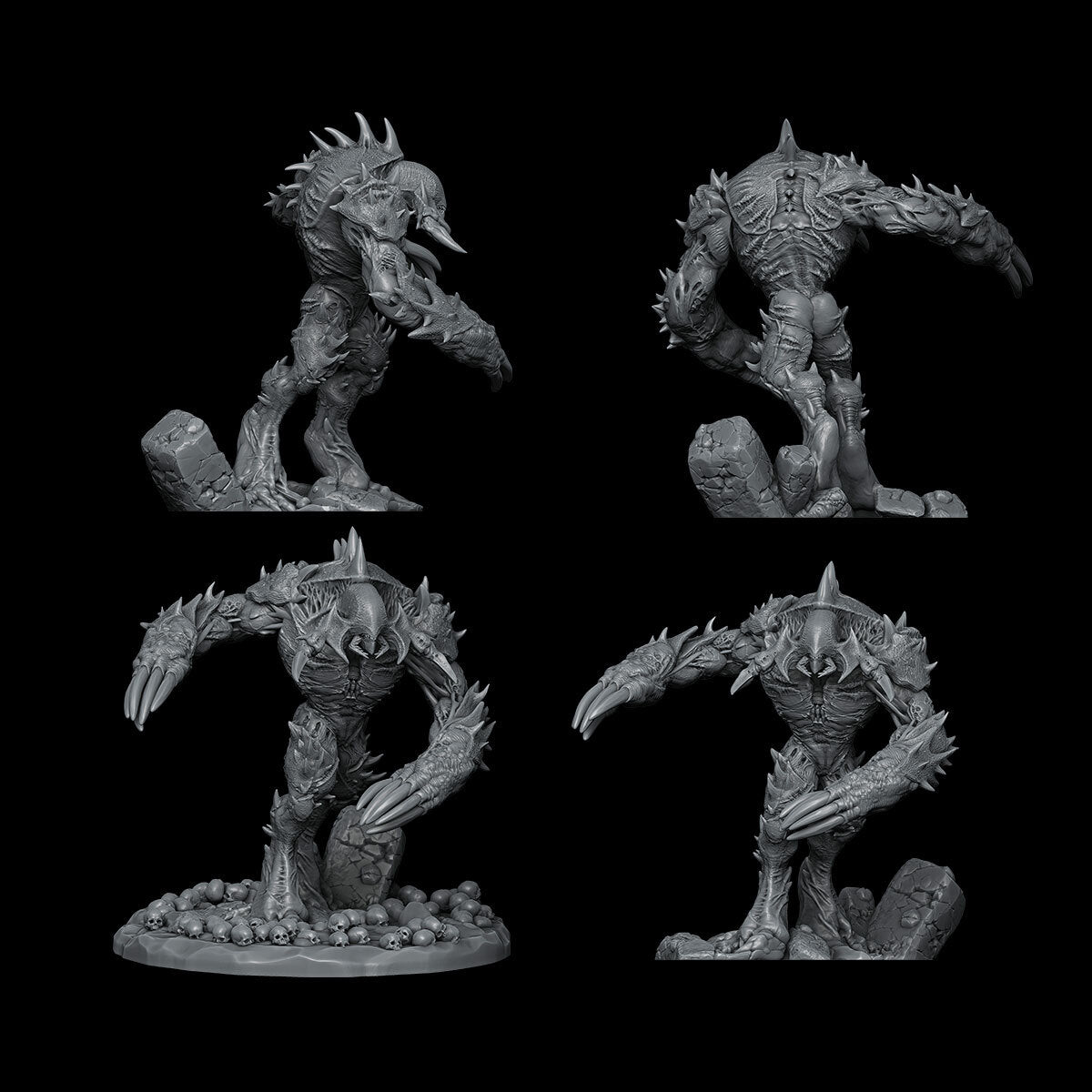 a set of four black and white figurines of monsters