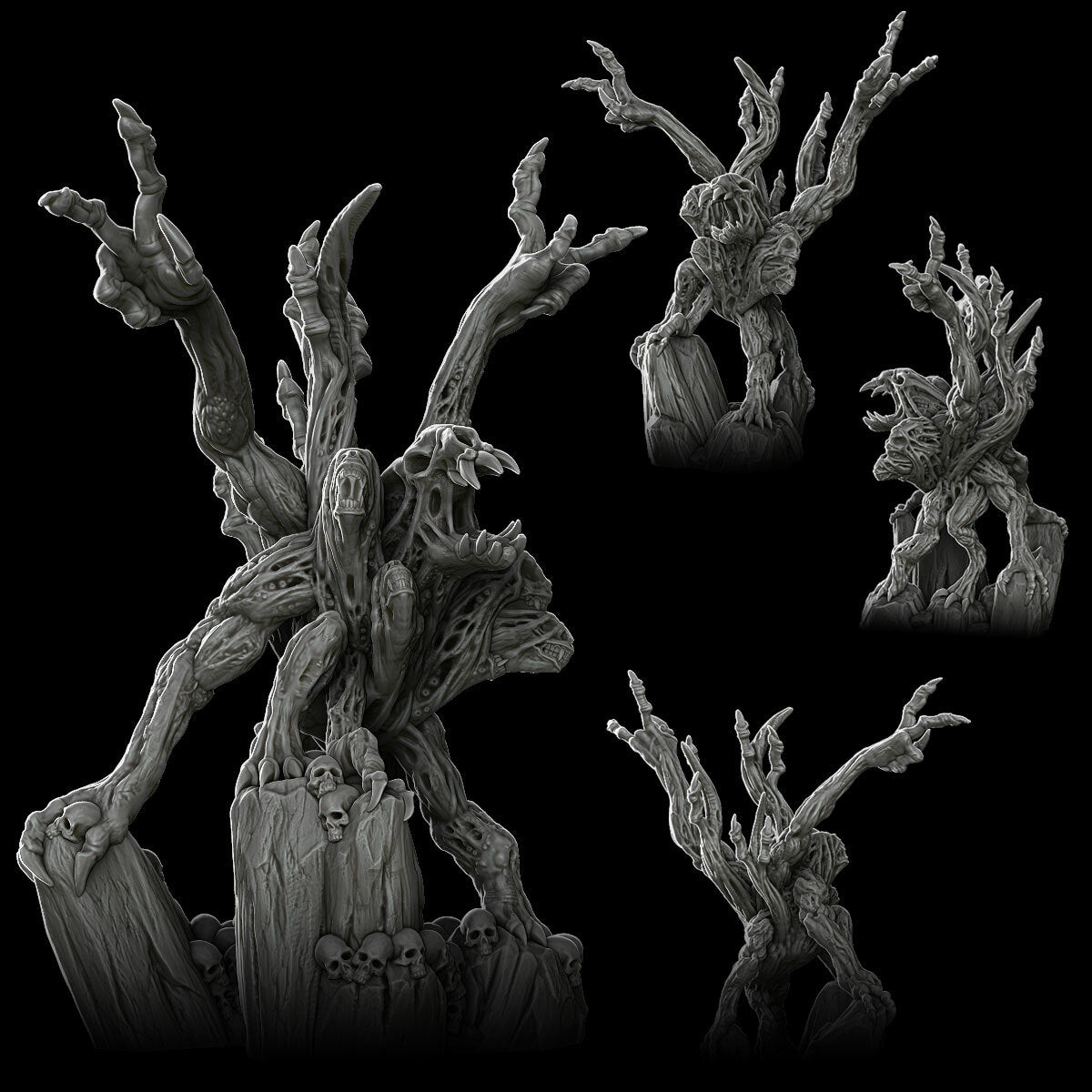 a bunch of strange looking trees on a black background