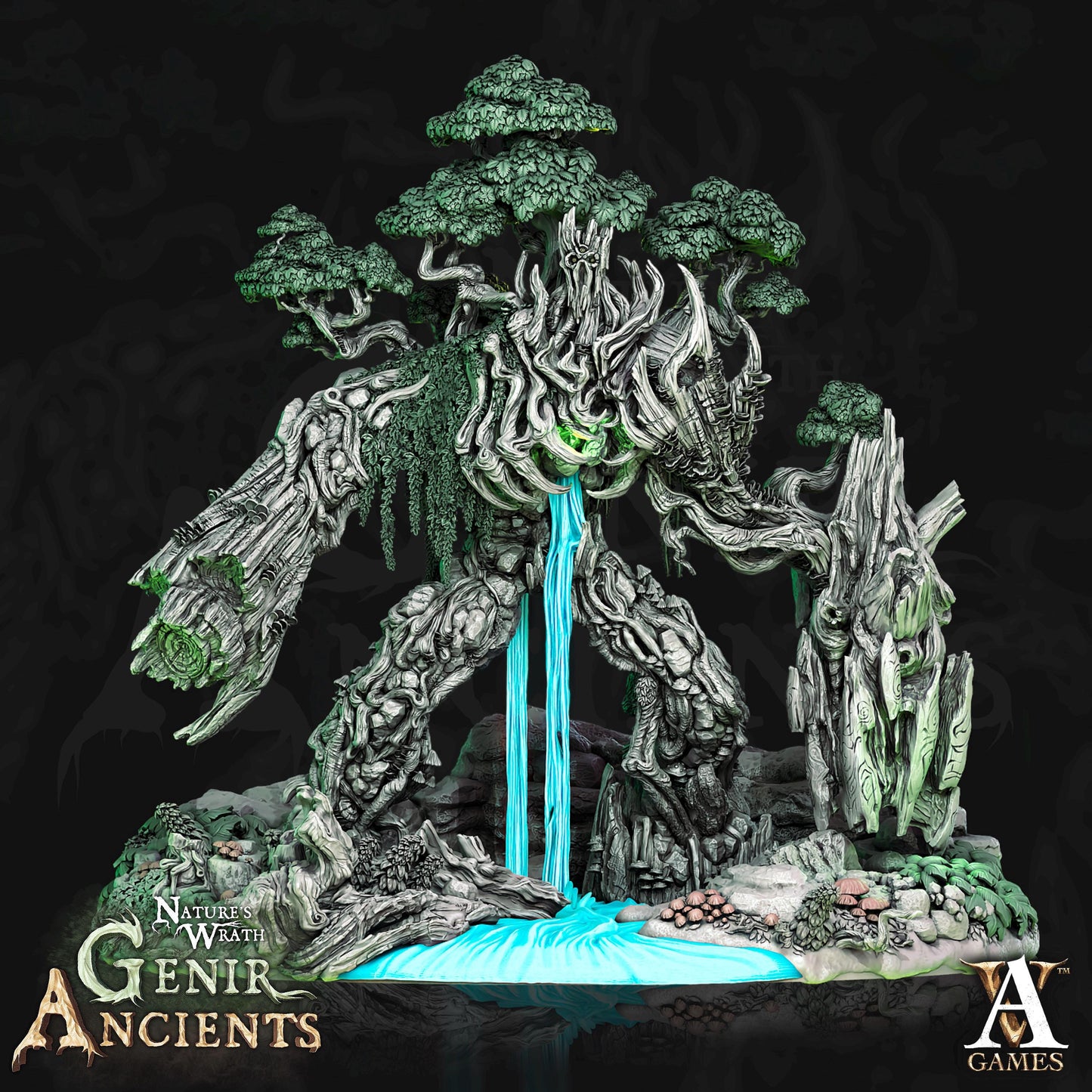 a statue of a tree with a waterfall coming out of it