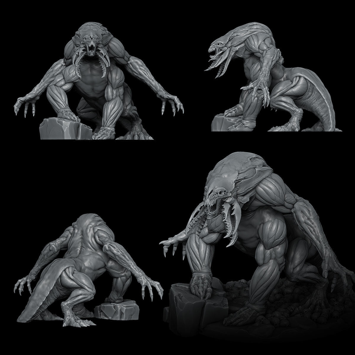three different views of a creature in black and white