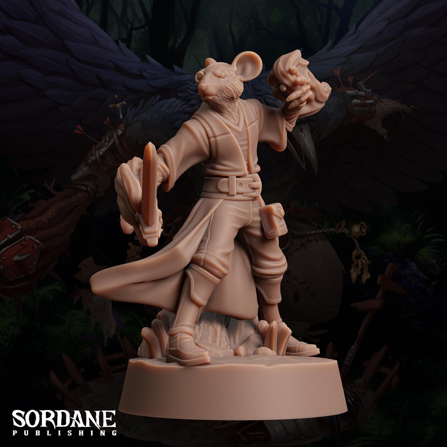 a figurine of a man with a bird on his shoulder