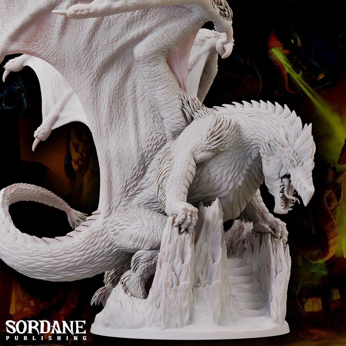 a statue of a white dragon on a rock