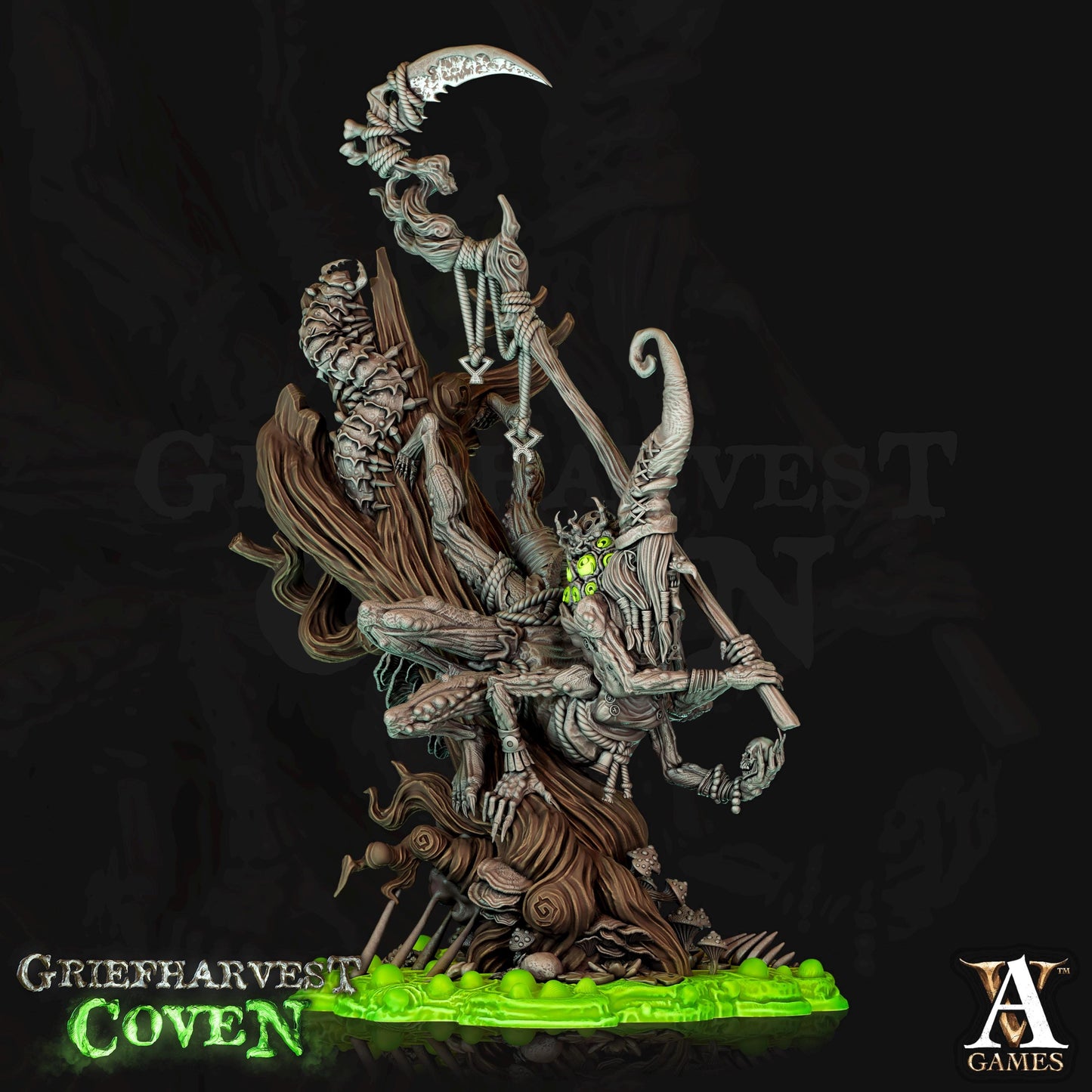 a statue of a skeleton holding a sceptacle