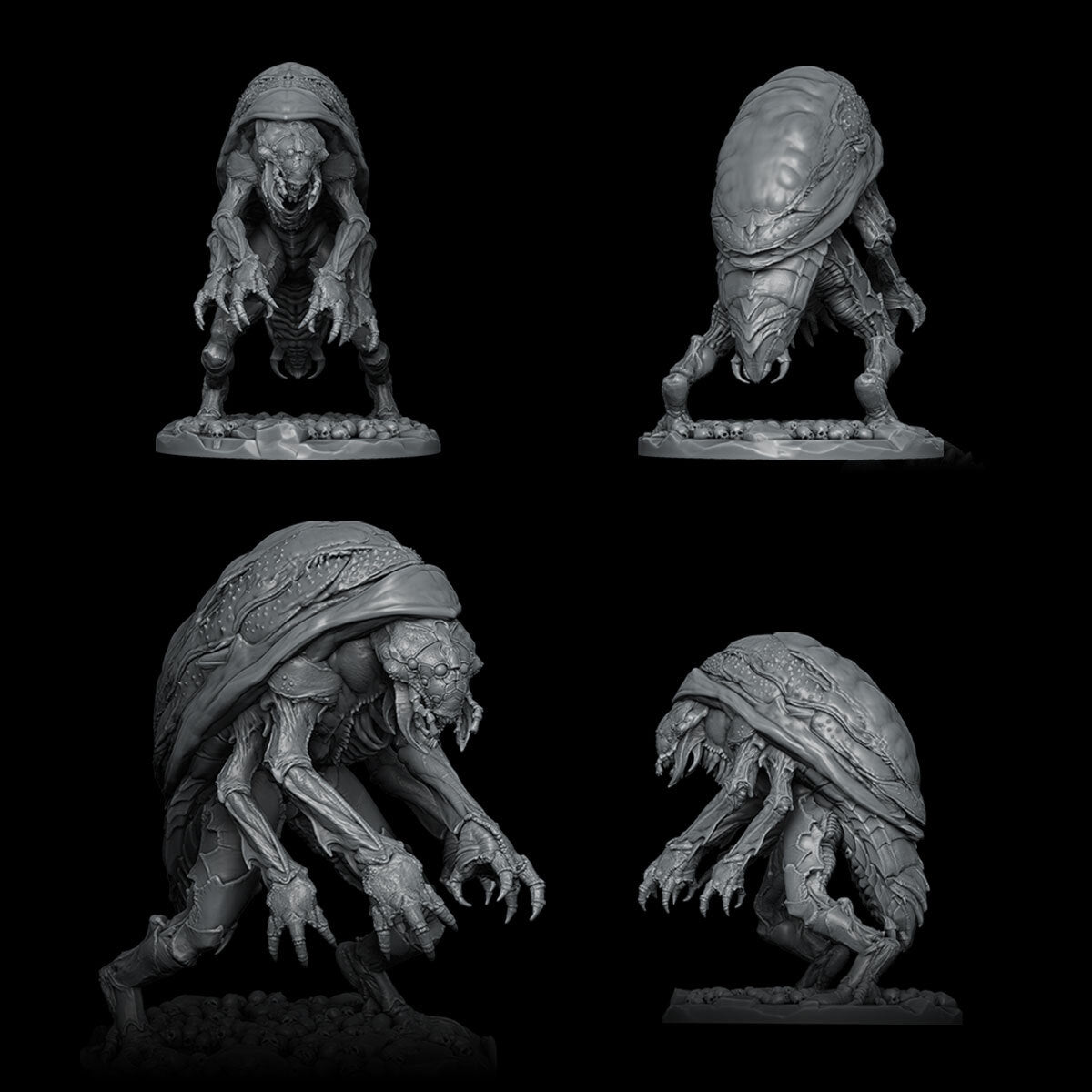 a set of three alien figurines on a black background