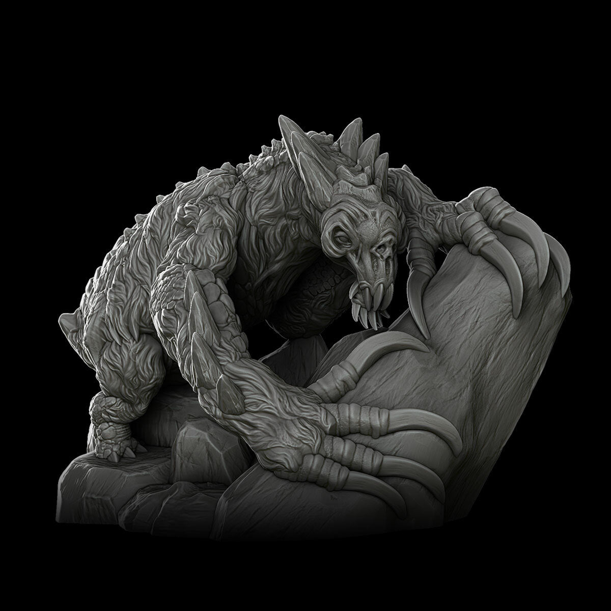 a black and white photo of a statue of a creature