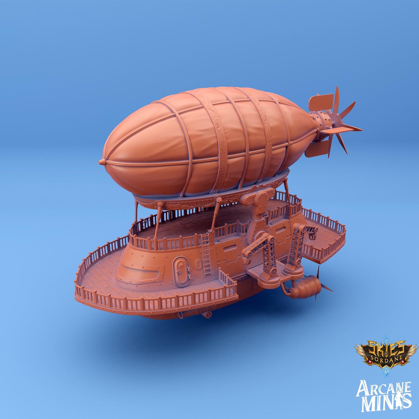 an orange model of a flying object on a blue background
