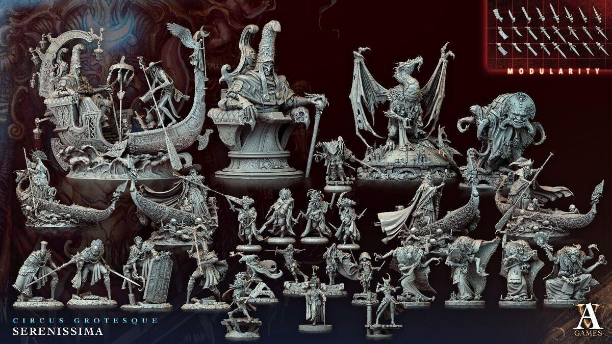 a large collection of silver colored figurines