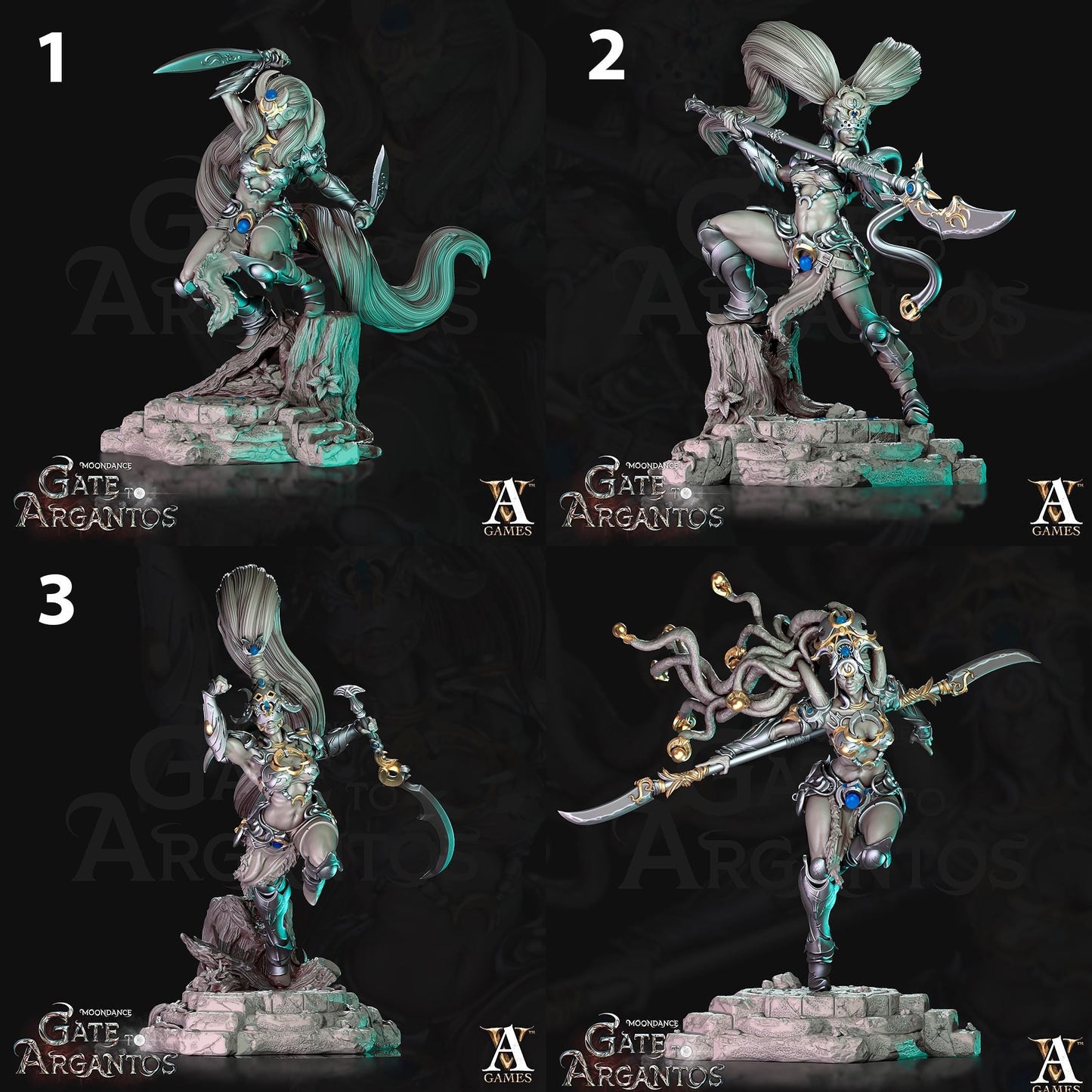 a set of four images of a statue of a woman with a sword