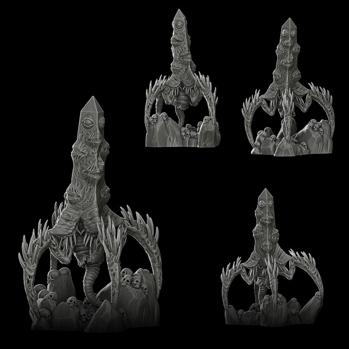 a set of four black and white figurines on a black background