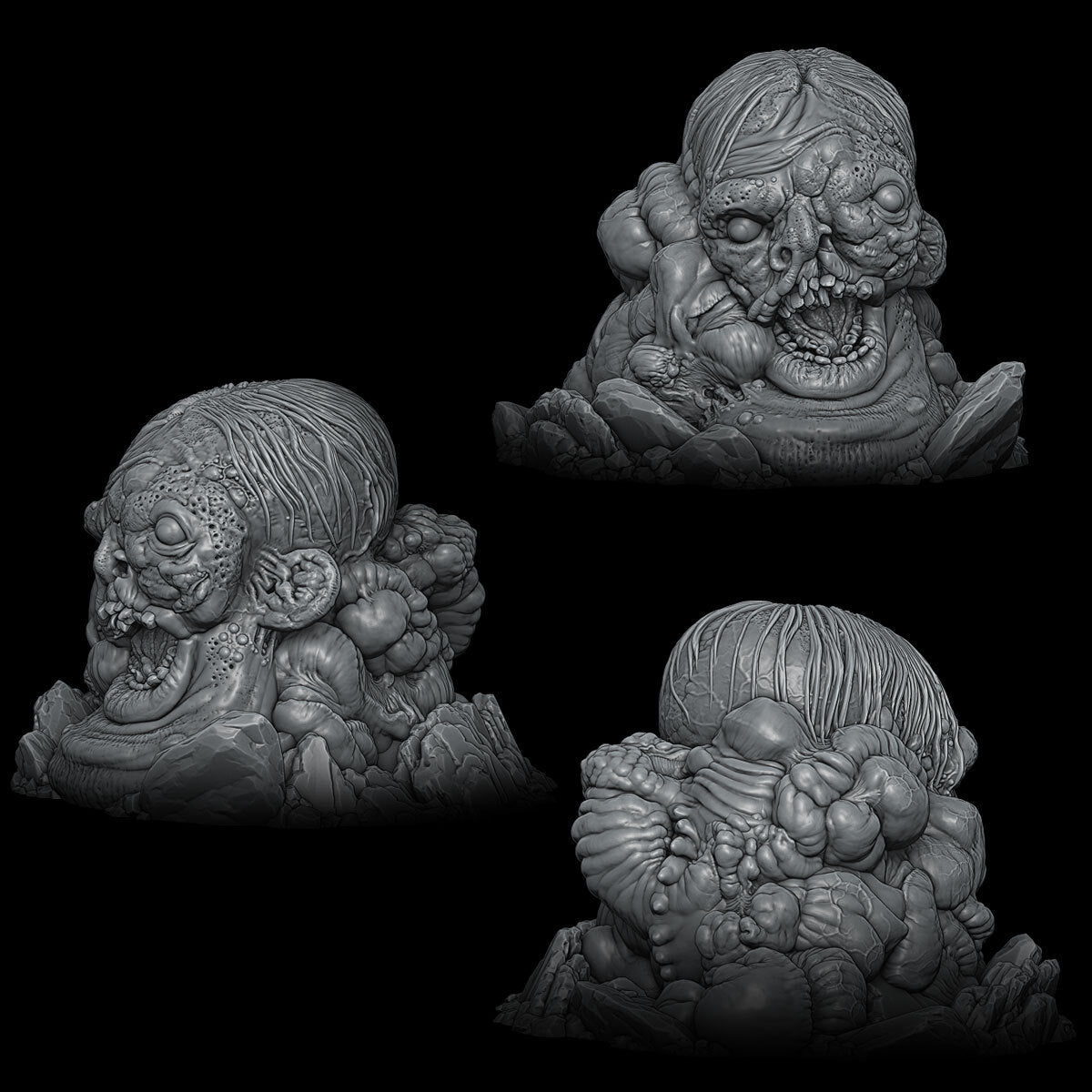 a group of three sculptures of heads and hands