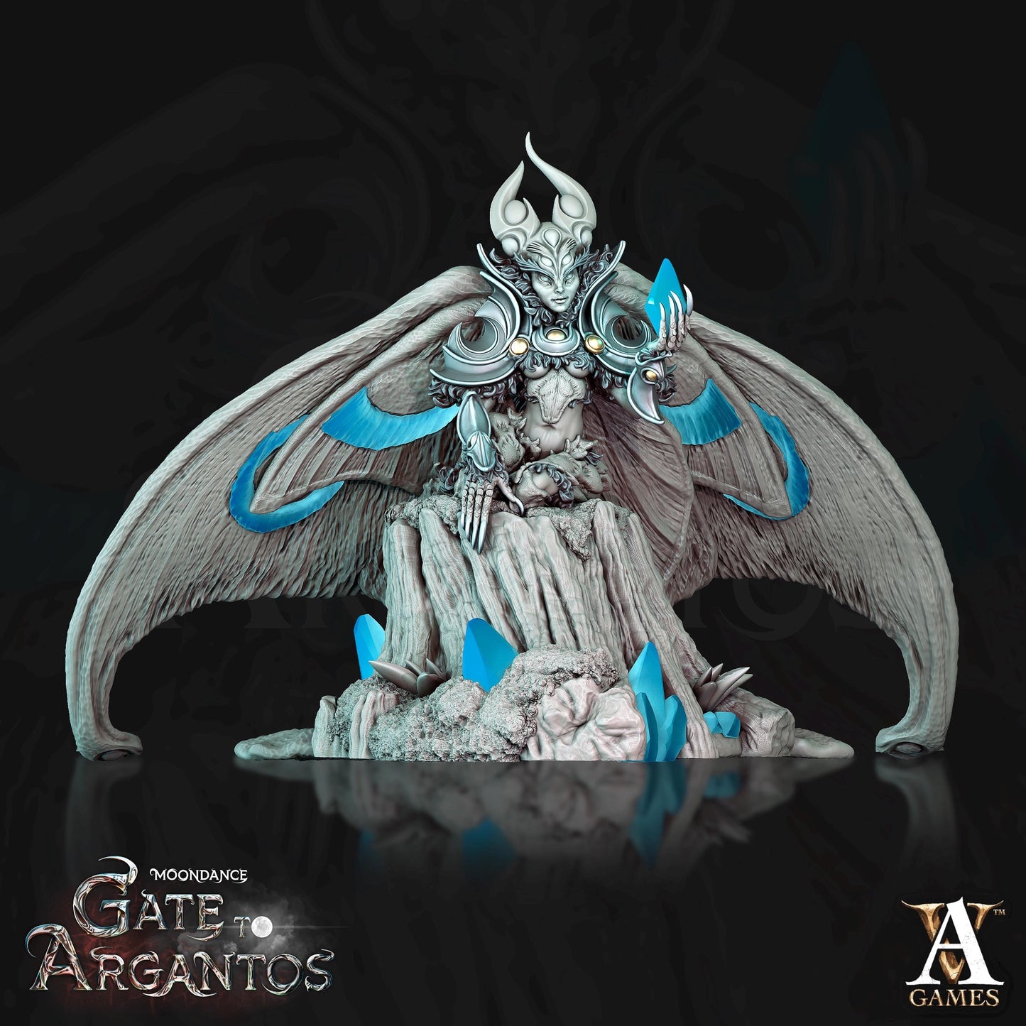 a statue of a demon with wings on top of a rock