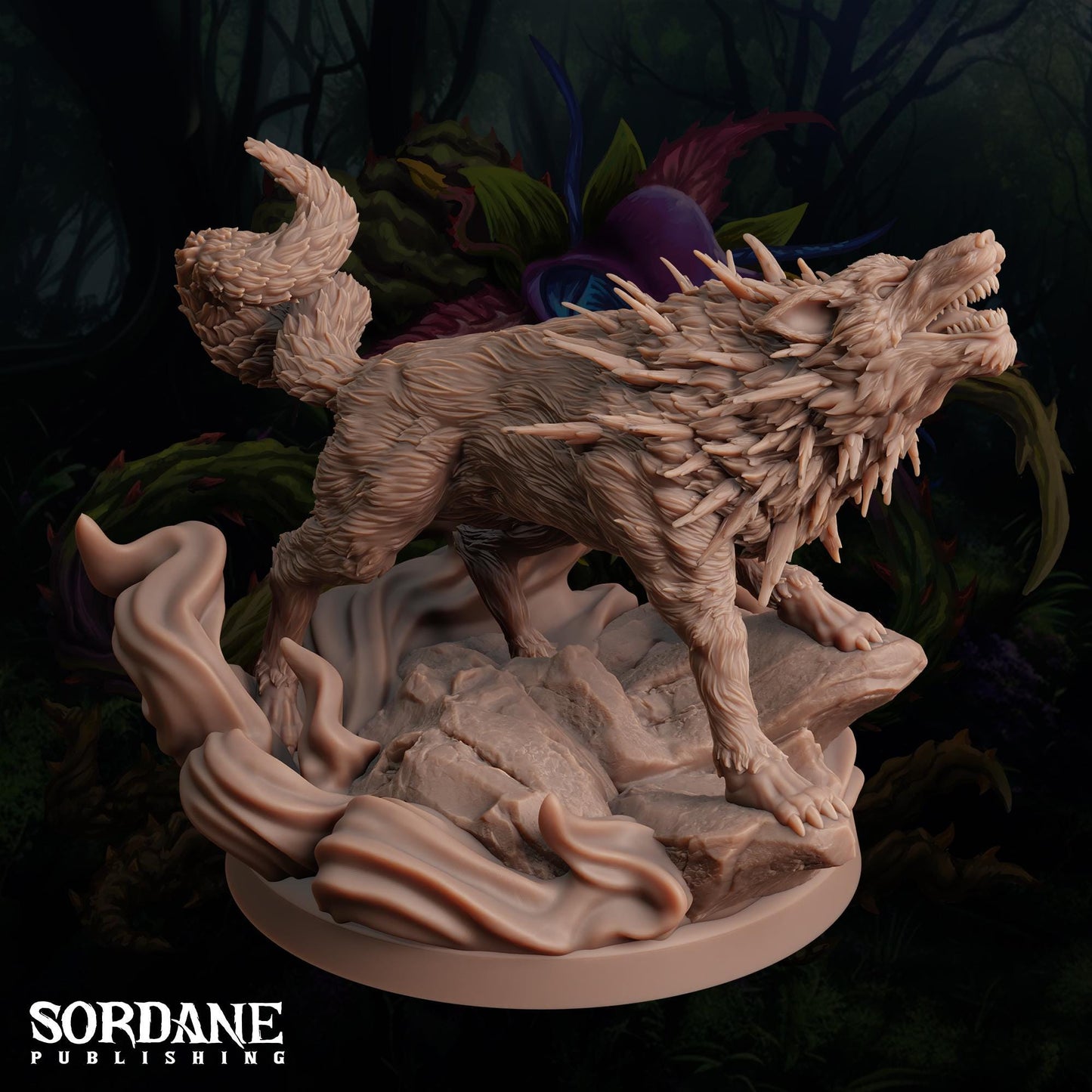 a statue of a dog standing on a rock