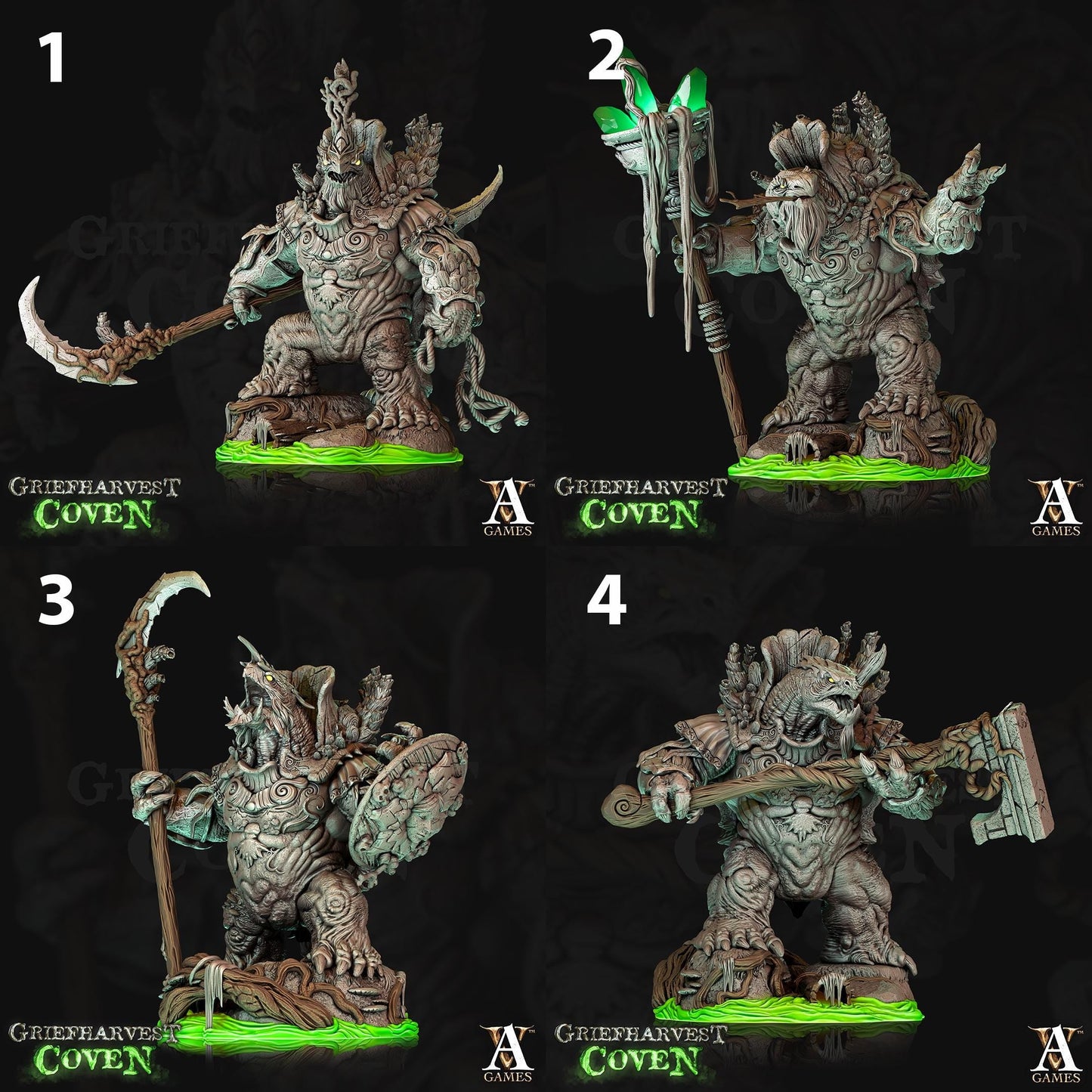 a set of four pictures of a demon with a spear