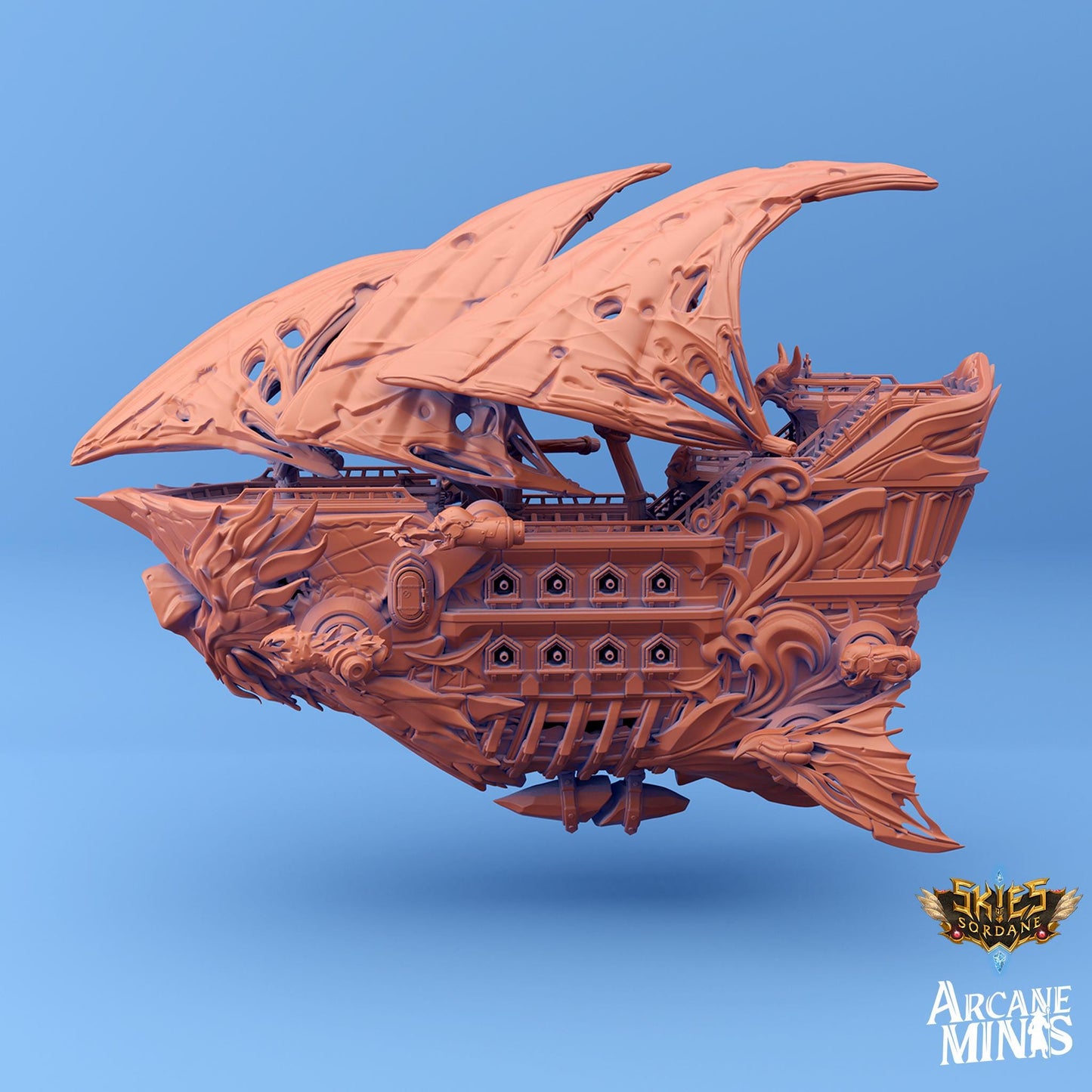 a wooden model of a pirate ship on a blue background