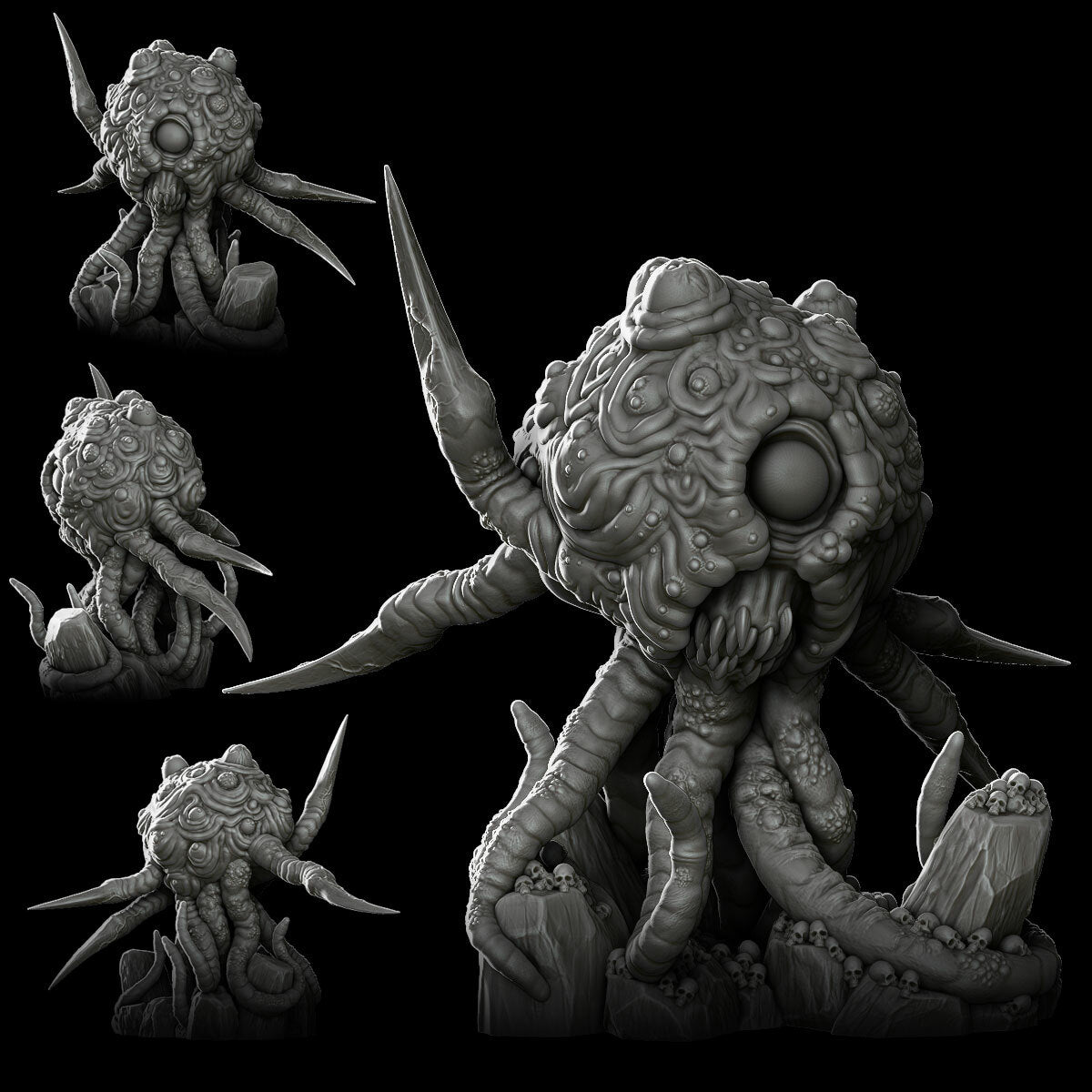 a bunch of strange looking objects on a black background