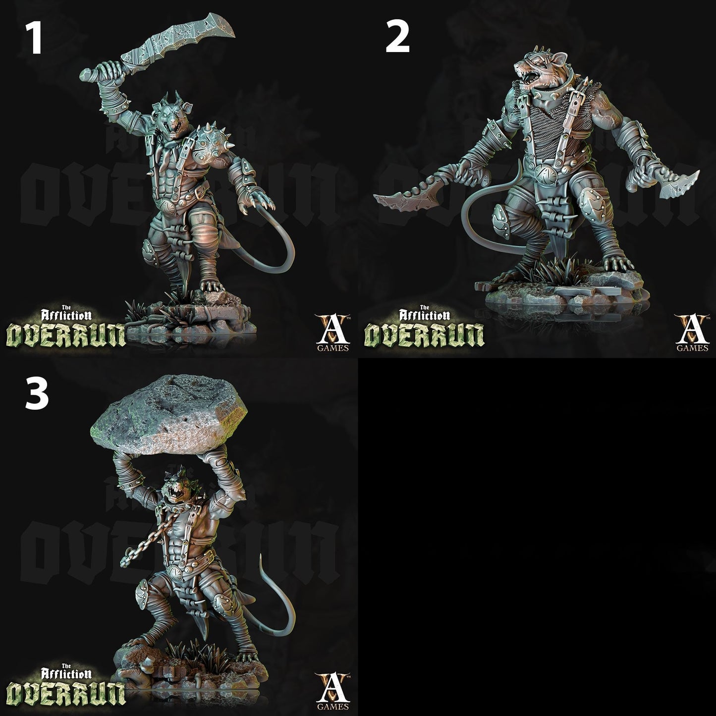a set of three pictures of a statue of a creature